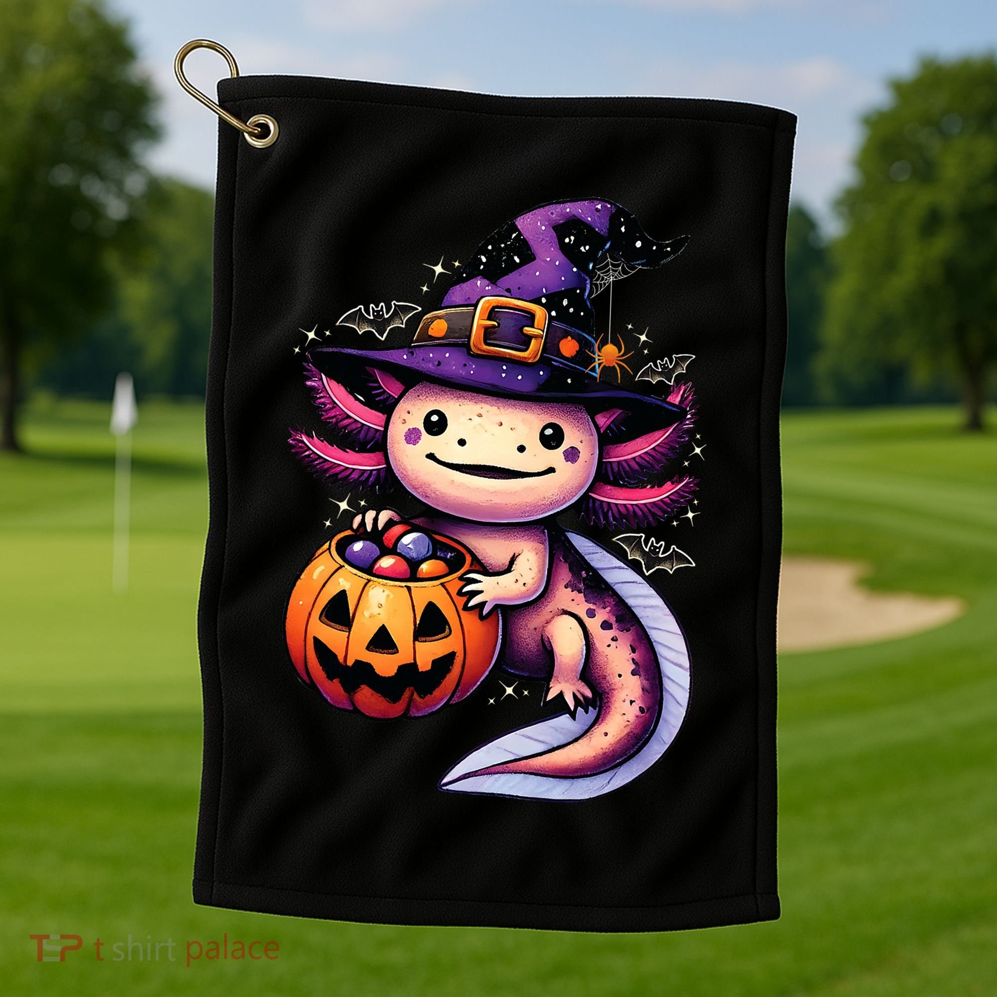 Sea Animal Lovers Axolotl Witch Hat Celebrating Halloween Golf Towel