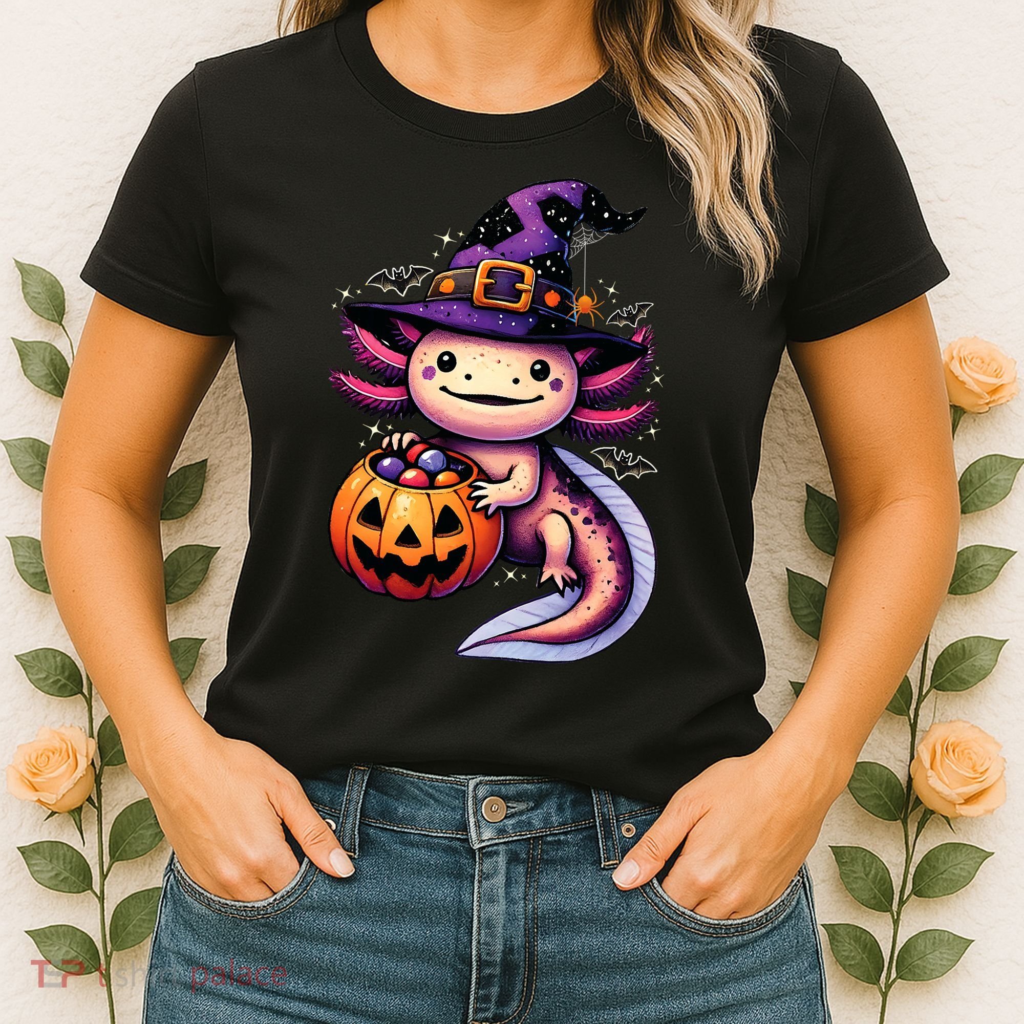 Sea Animal Lovers Axolotl Witch Hat Celebrating Halloween Women's T-Shirt