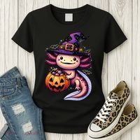 Sea Animal Lovers Axolotl Witch Hat Celebrating Halloween Women's T-Shirt thumb 3