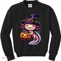 Sea Animal Lovers Axolotl Witch Hat Celebrating Halloween Kids Sweatshirt thumb 0