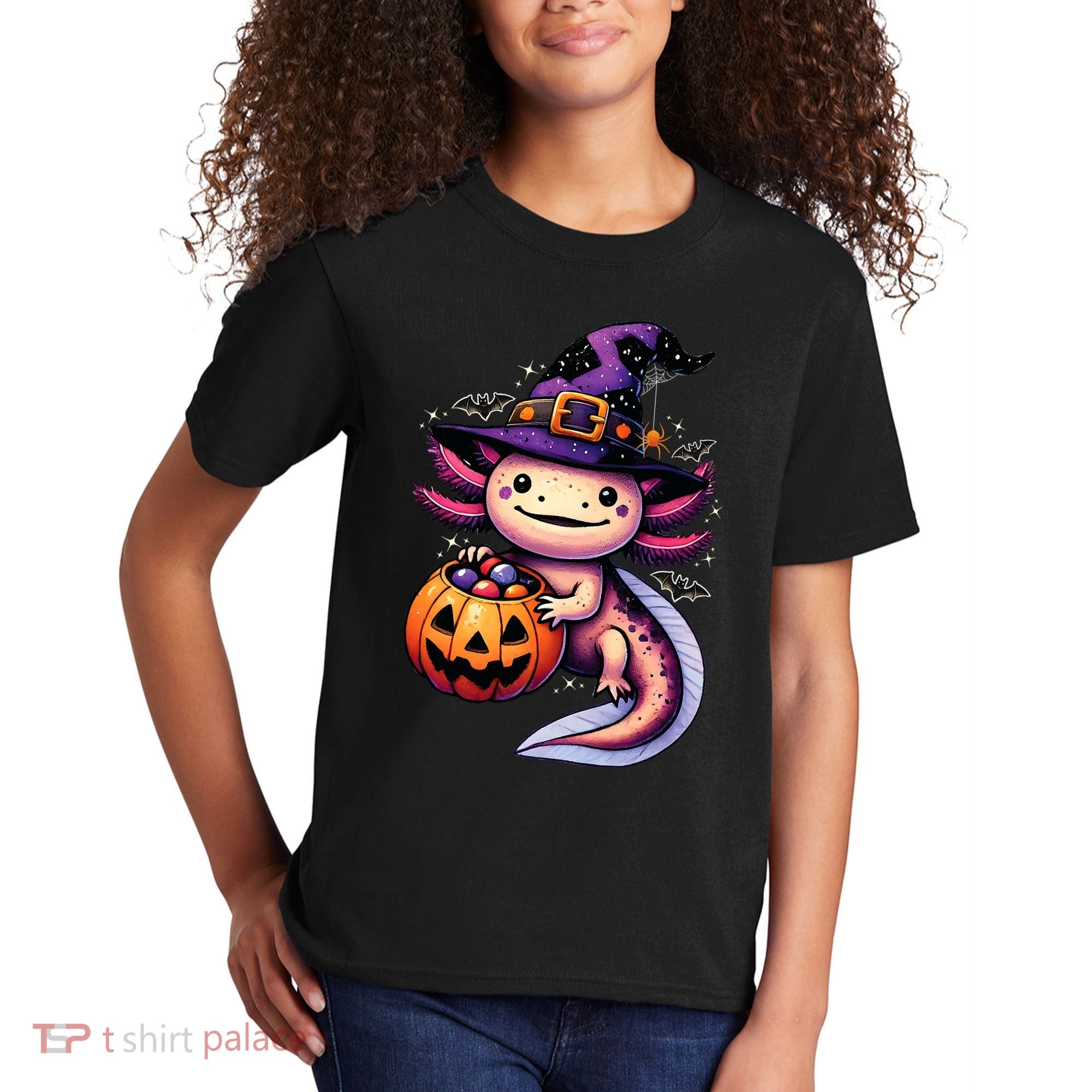 Sea Animal Lovers Axolotl Witch Hat Celebrating Halloween Kids T-Shirt