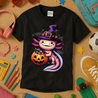 Sea Animal Lovers Axolotl Witch Hat Celebrating Halloween Kids T-Shirt thumb 3