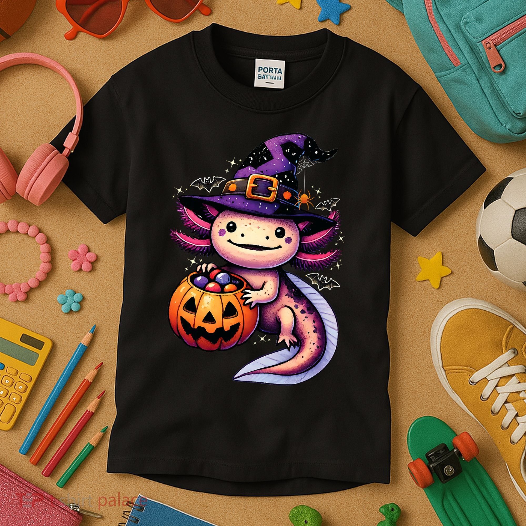 Sea Animal Lovers Axolotl Witch Hat Celebrating Halloween Kids T-Shirt