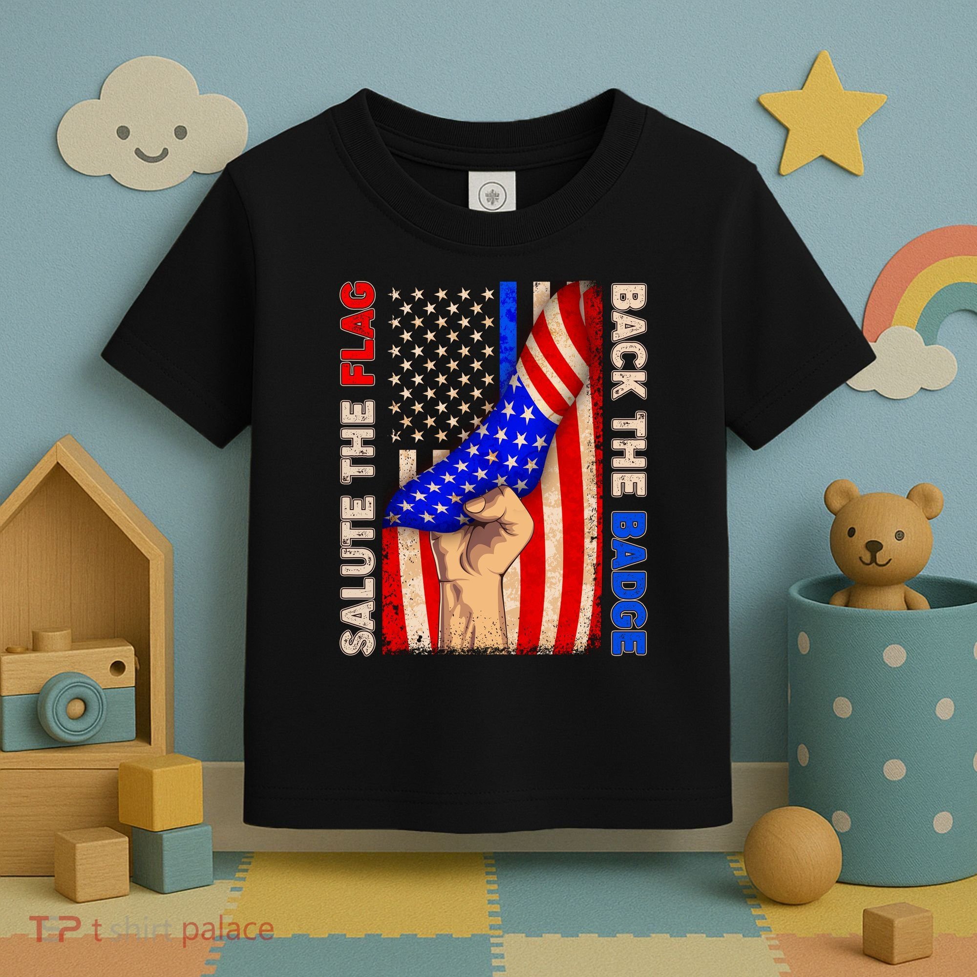 Salute The Flag Back The Badge American Thin Blue Line Toddler T-Shirt