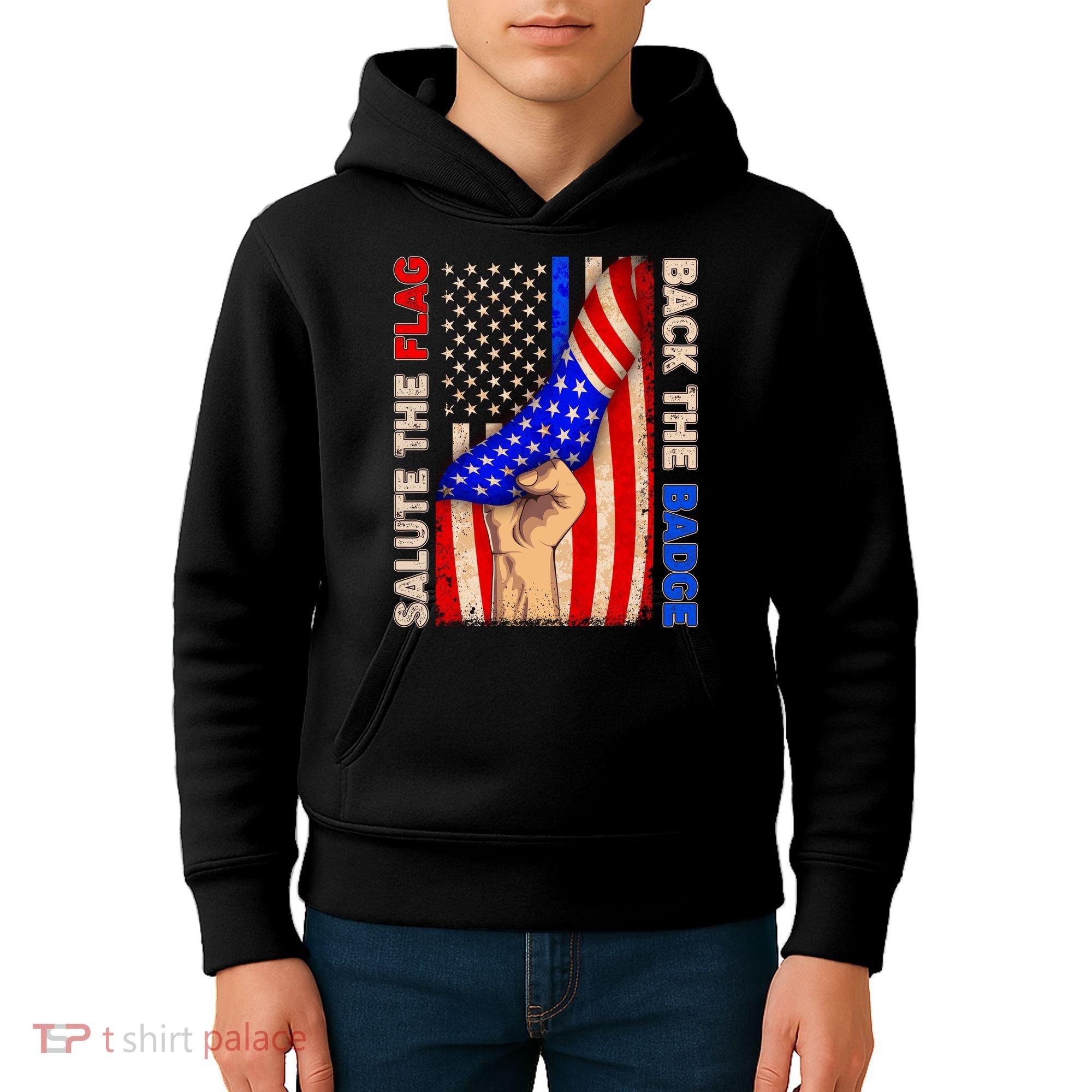 Salute The Flag Back The Badge American Thin Blue Line Kids Hoodie