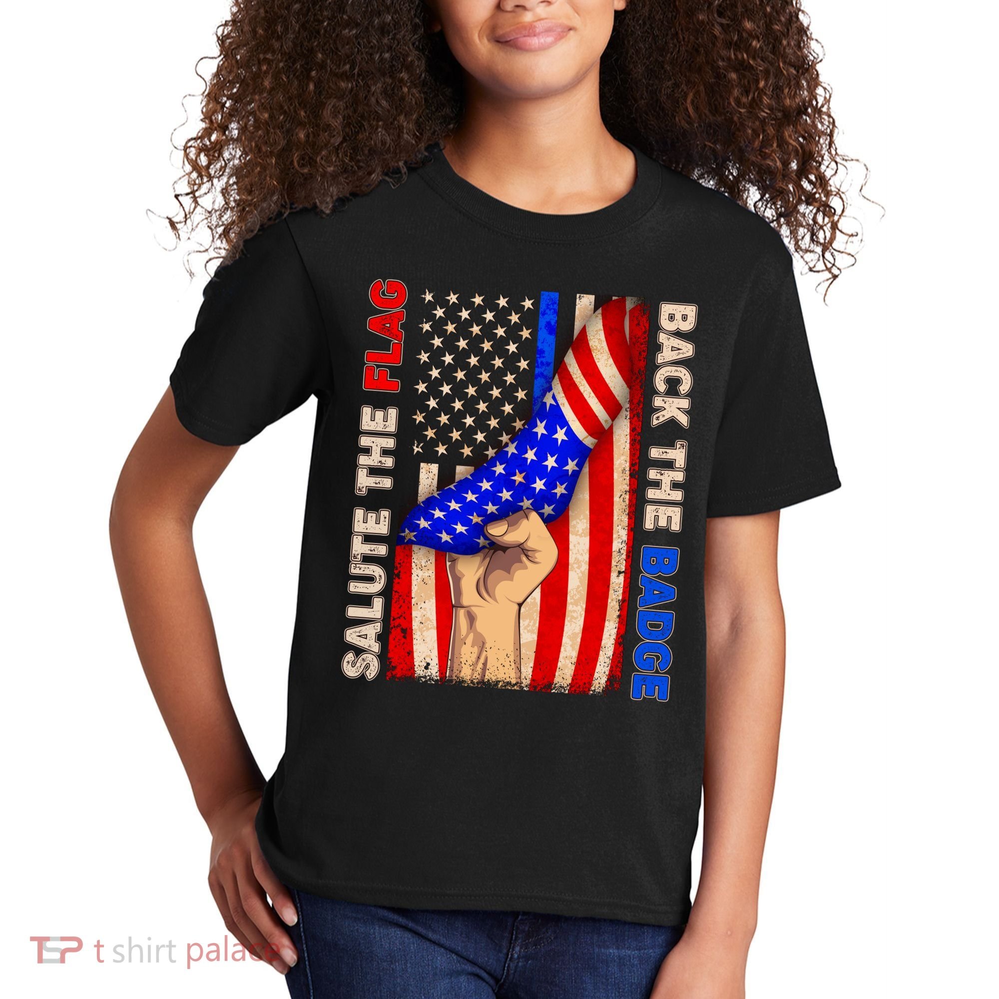 Salute The Flag Back The Badge American Thin Blue Line Kids T-Shirt