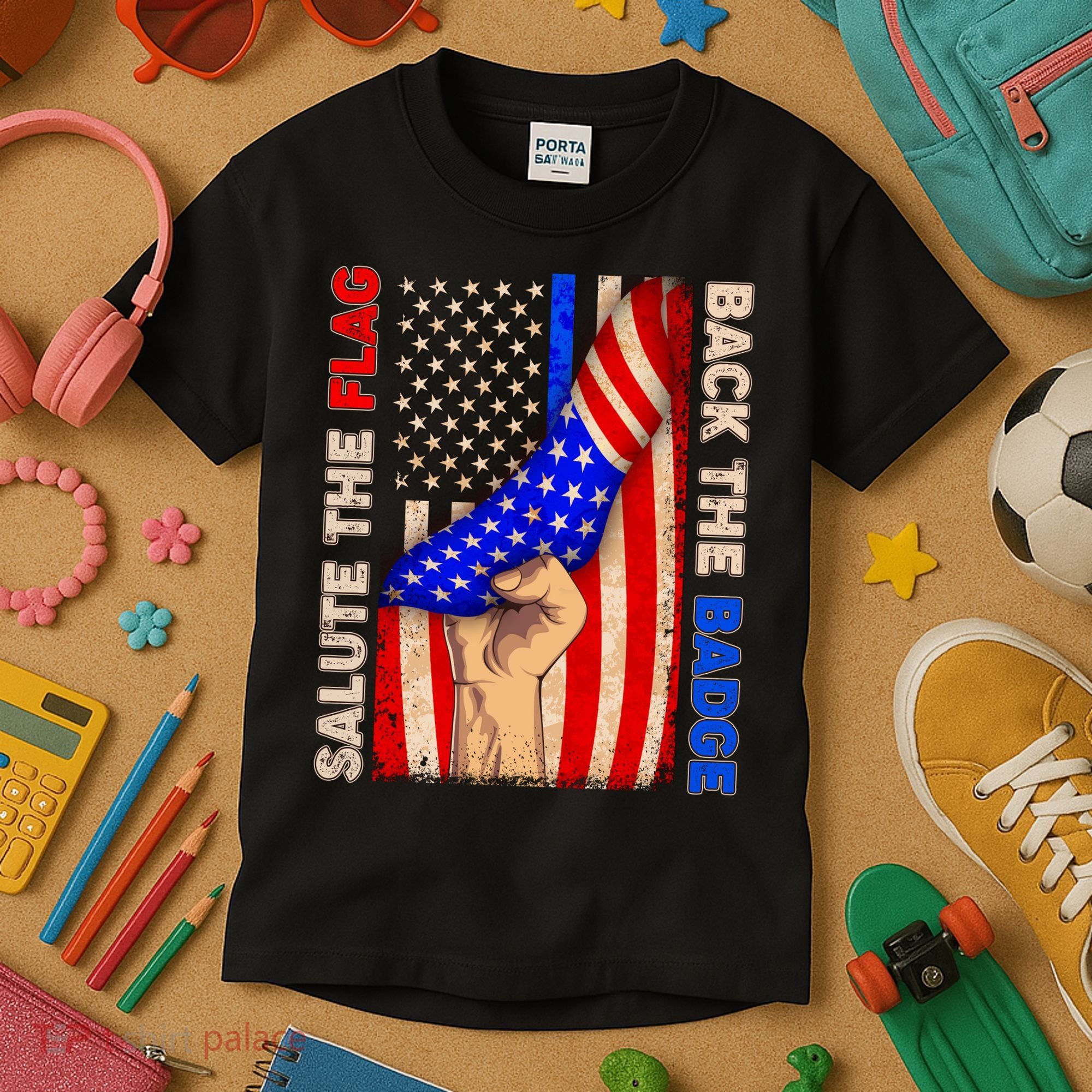 Salute The Flag Back The Badge American Thin Blue Line Kids T-Shirt