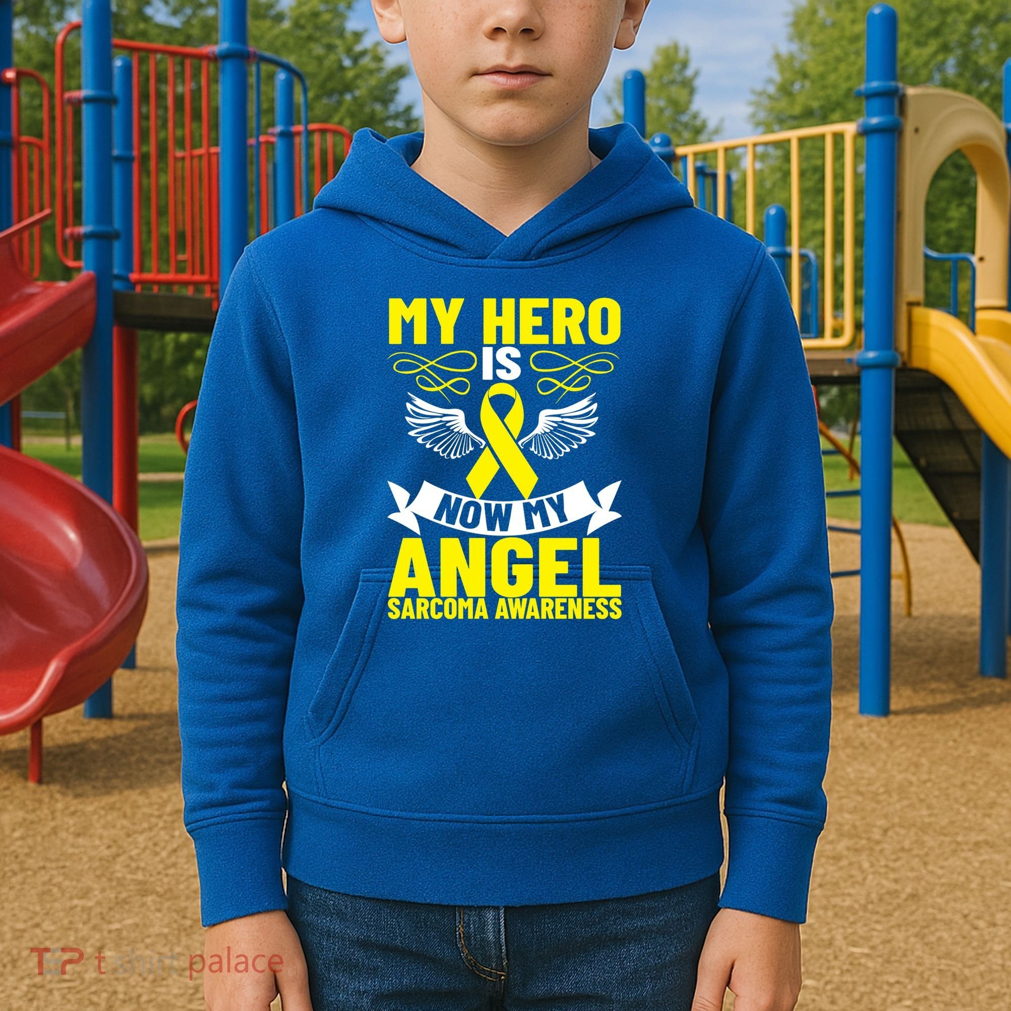 Sarcoma Awareness My Hero Is Now My Angel Sarcoma Cancer Meaningful Gift Kids Hoodie