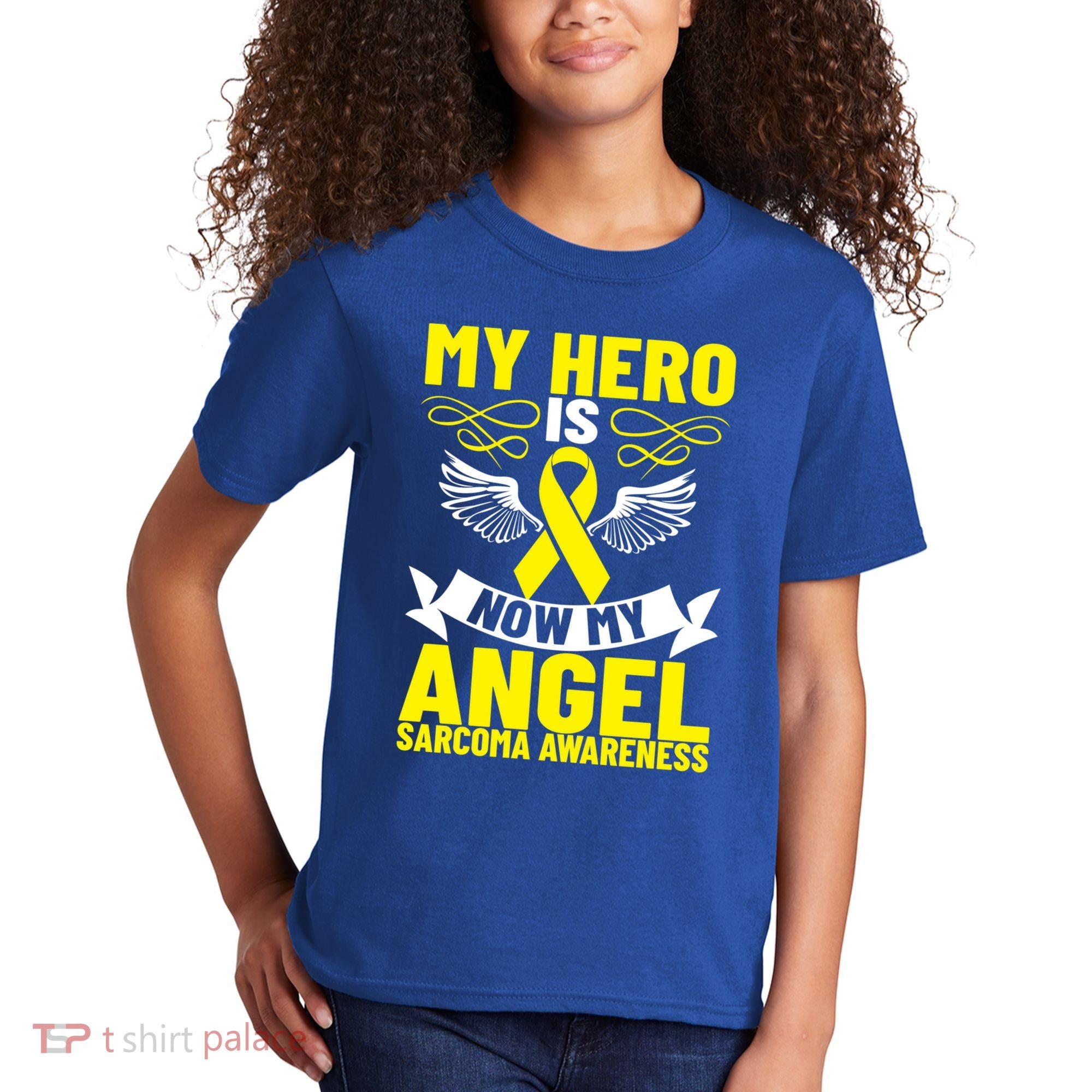 Sarcoma Awareness My Hero Is Now My Angel Sarcoma Cancer Meaningful Gift Kids T-Shirt