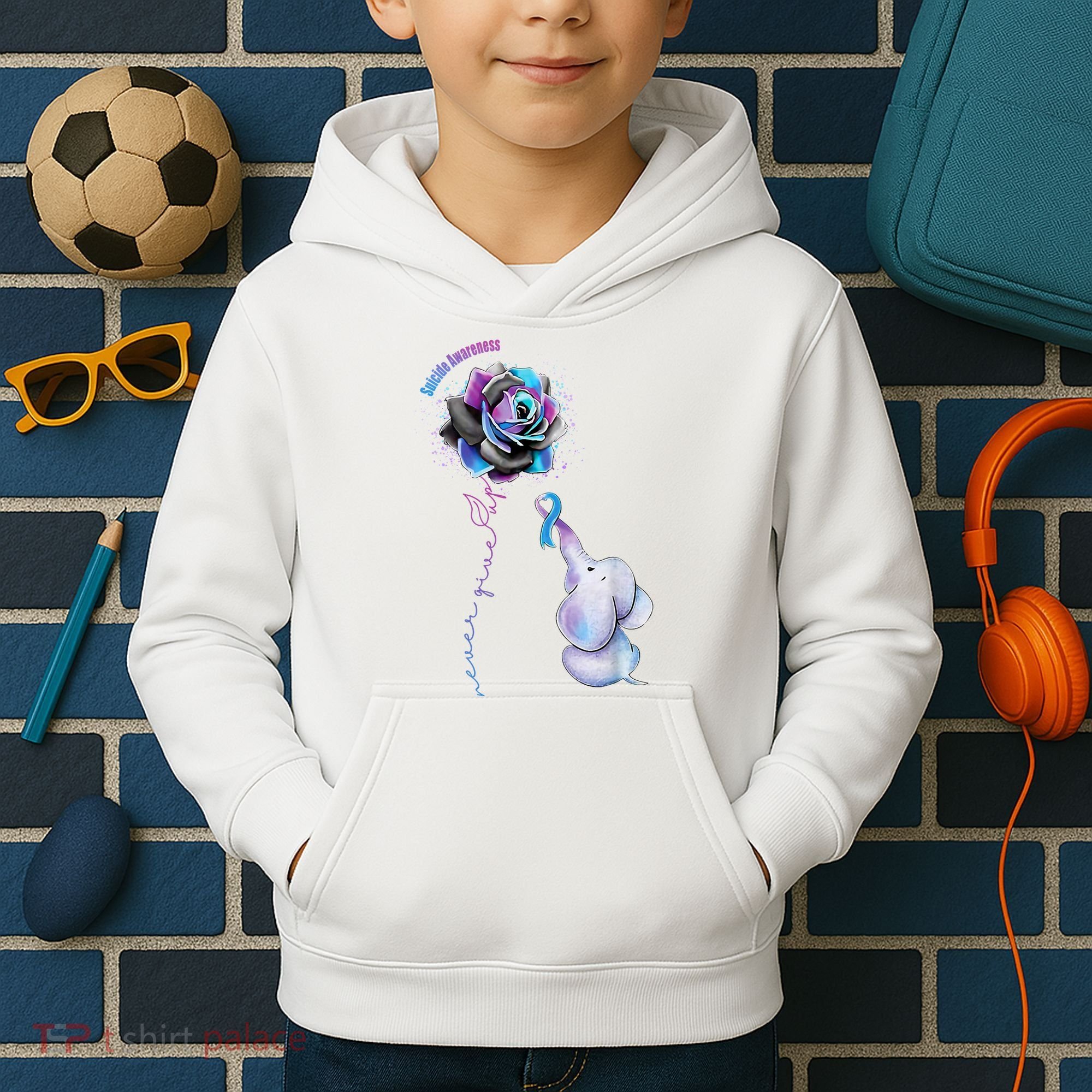 Suicide Awareness Never Give Up Elephant Kids Hoodie