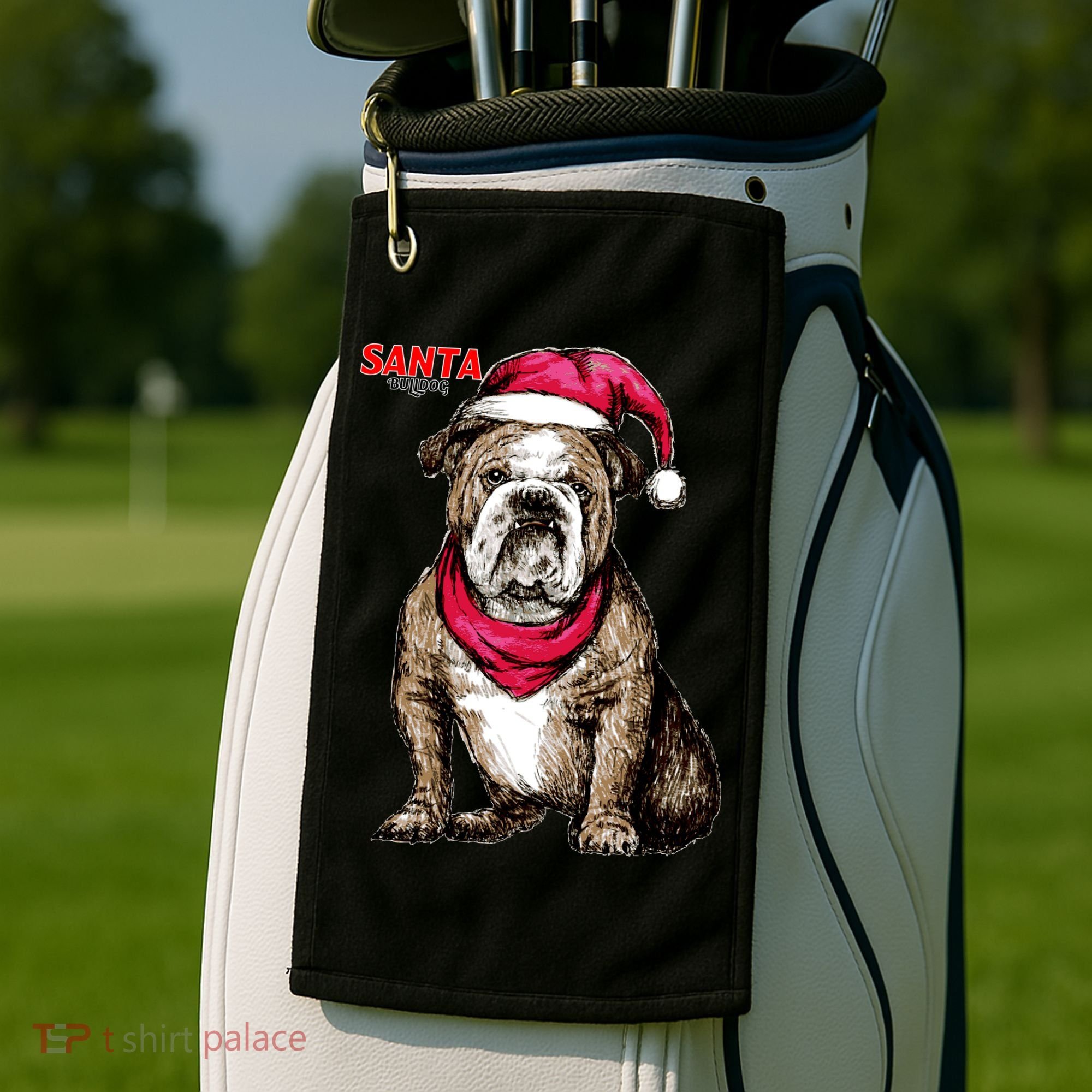 Santa Bulldog Christmas Hat Golf Towel