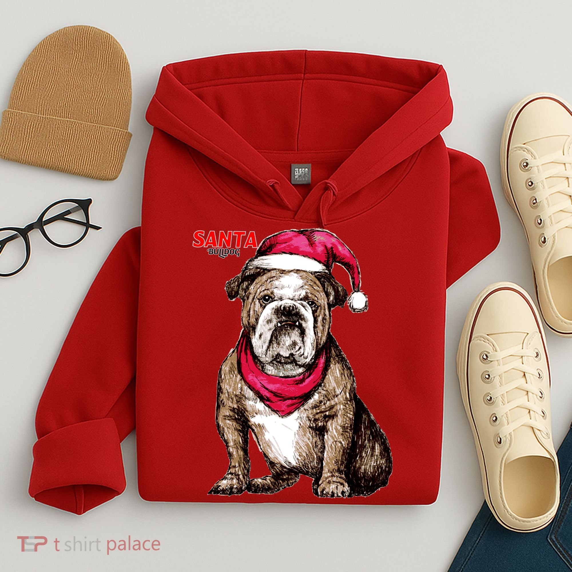 Santa Bulldog Christmas Hat Hoodie
