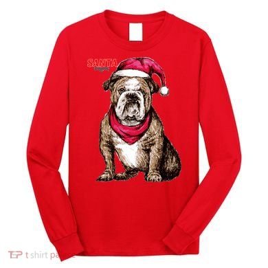 Santa Bulldog Christmas Hat Long Sleeve Shirt