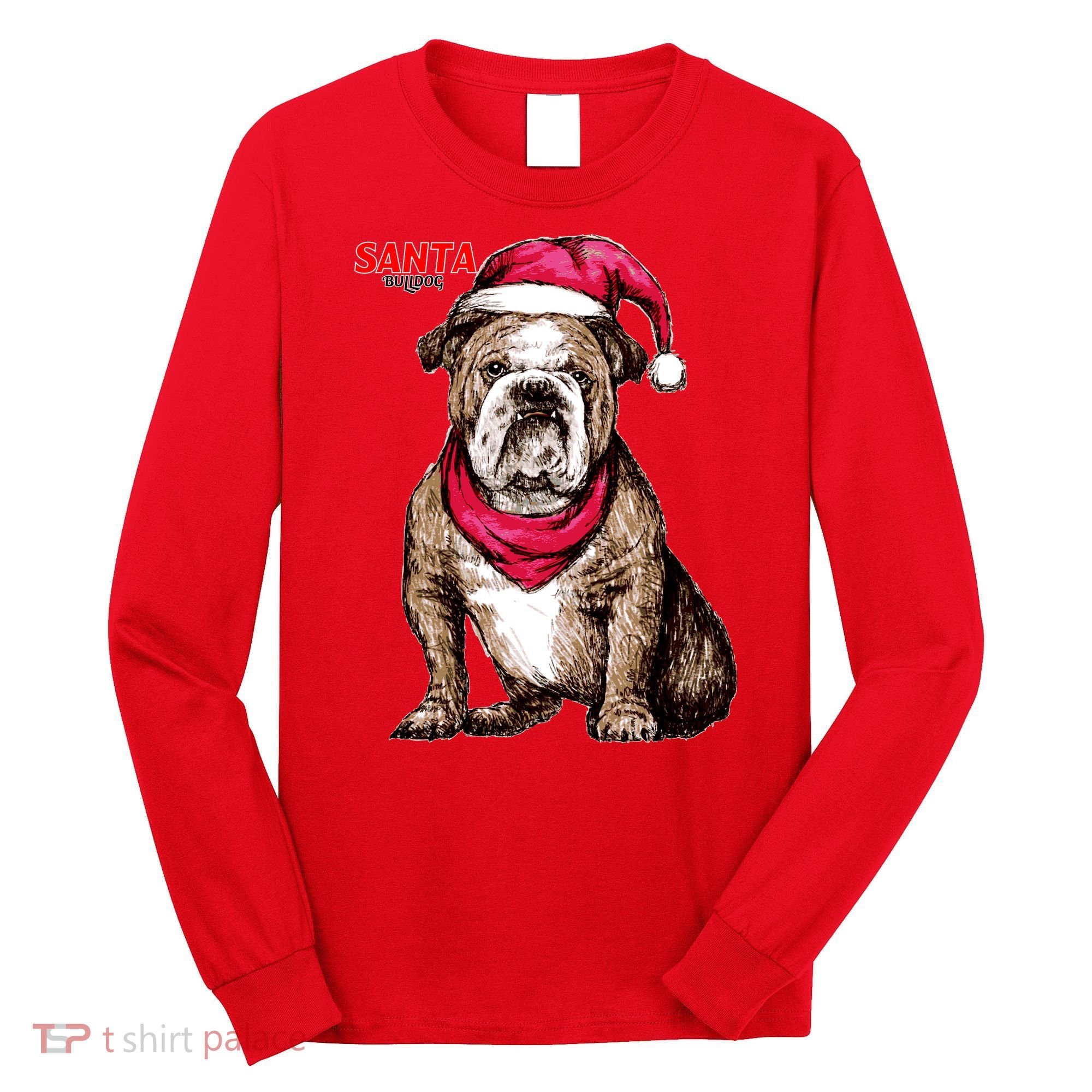 Santa Bulldog Christmas Hat Long Sleeve Shirt