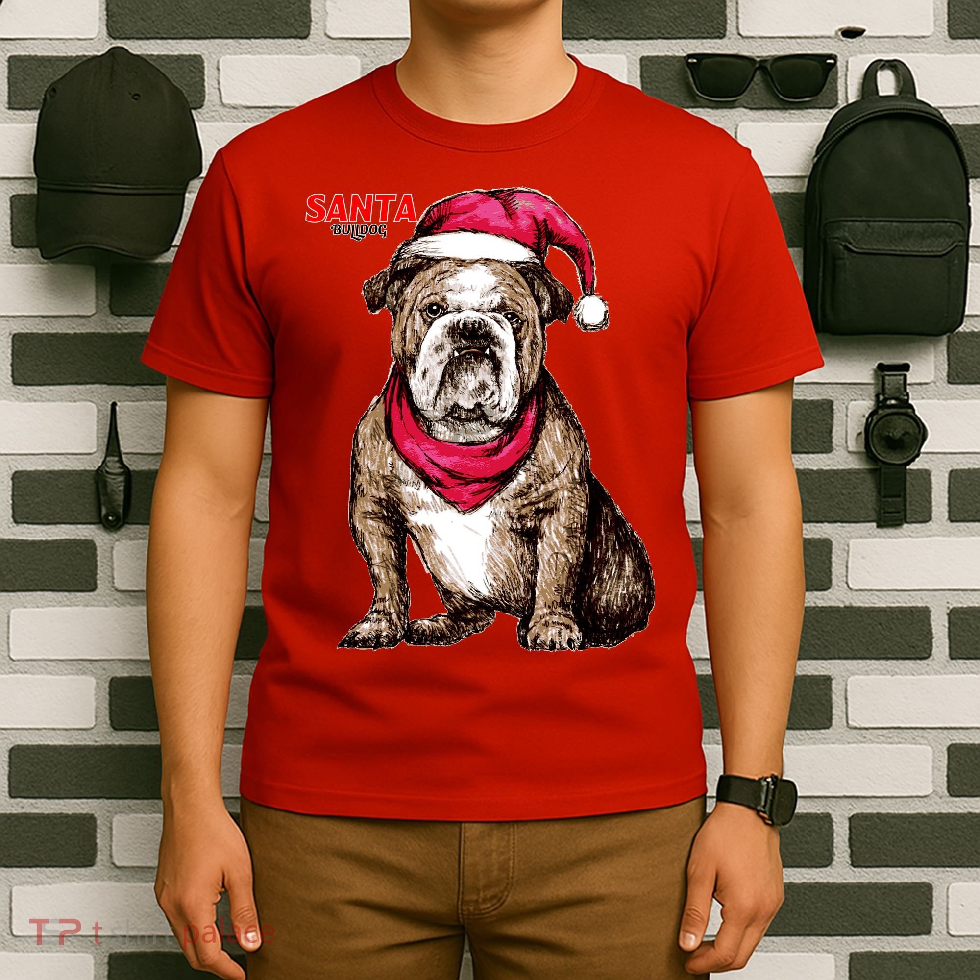 Santa Bulldog Christmas Hat T-Shirt