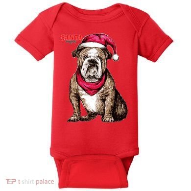 Santa Bulldog Christmas Hat Baby Bodysuit