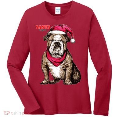 Santa Bulldog Christmas Hat Women's Long Sleeve Shirt
