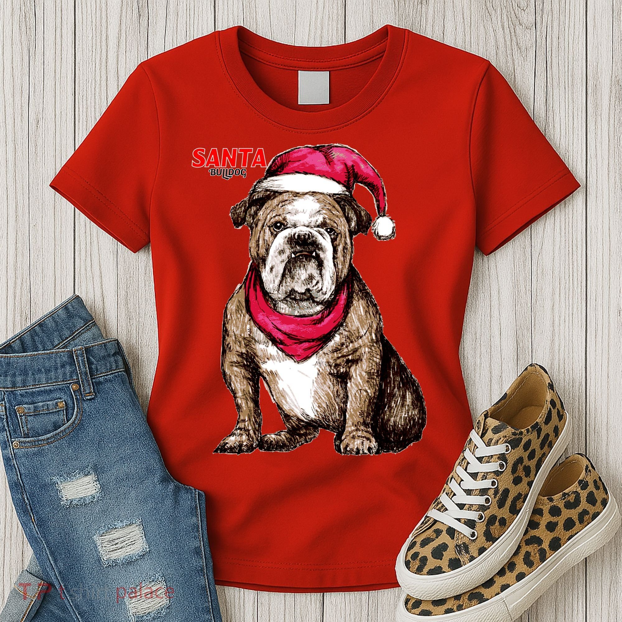 Santa Bulldog Christmas Hat Women's T-Shirt