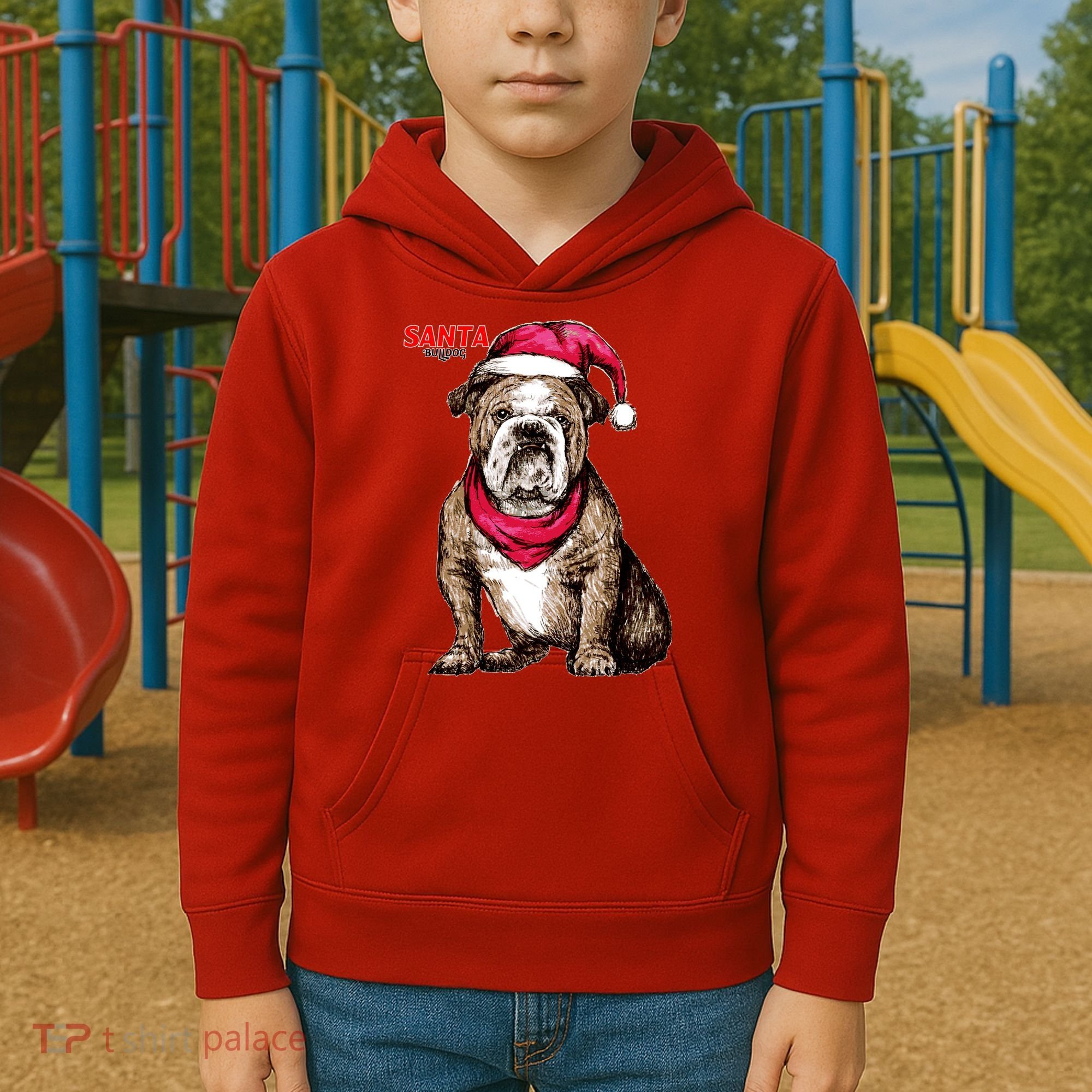 Santa Bulldog Christmas Hat Kids Hoodie