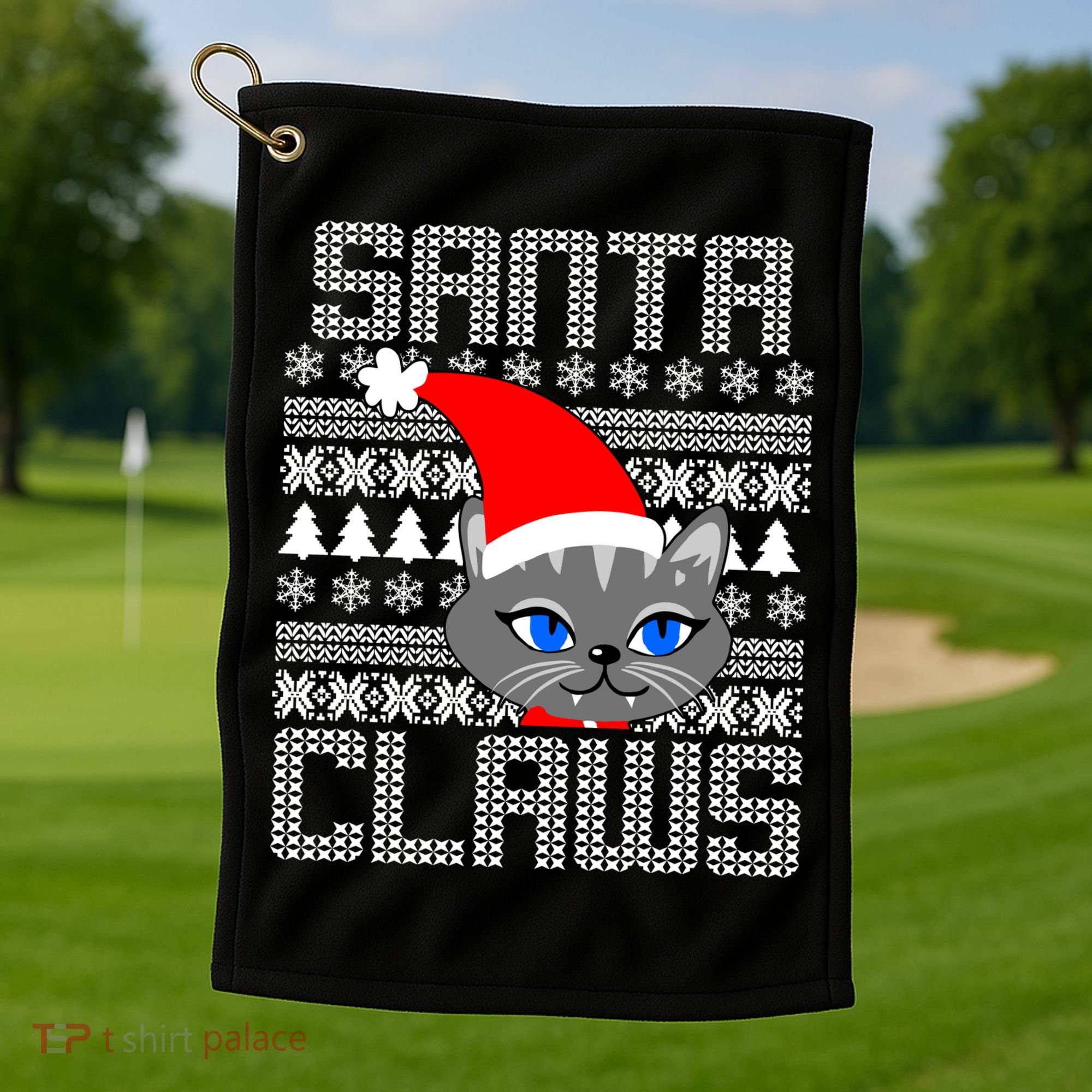 Santa Claws Cat Ugly Christmas Sweater Design Golf Towel