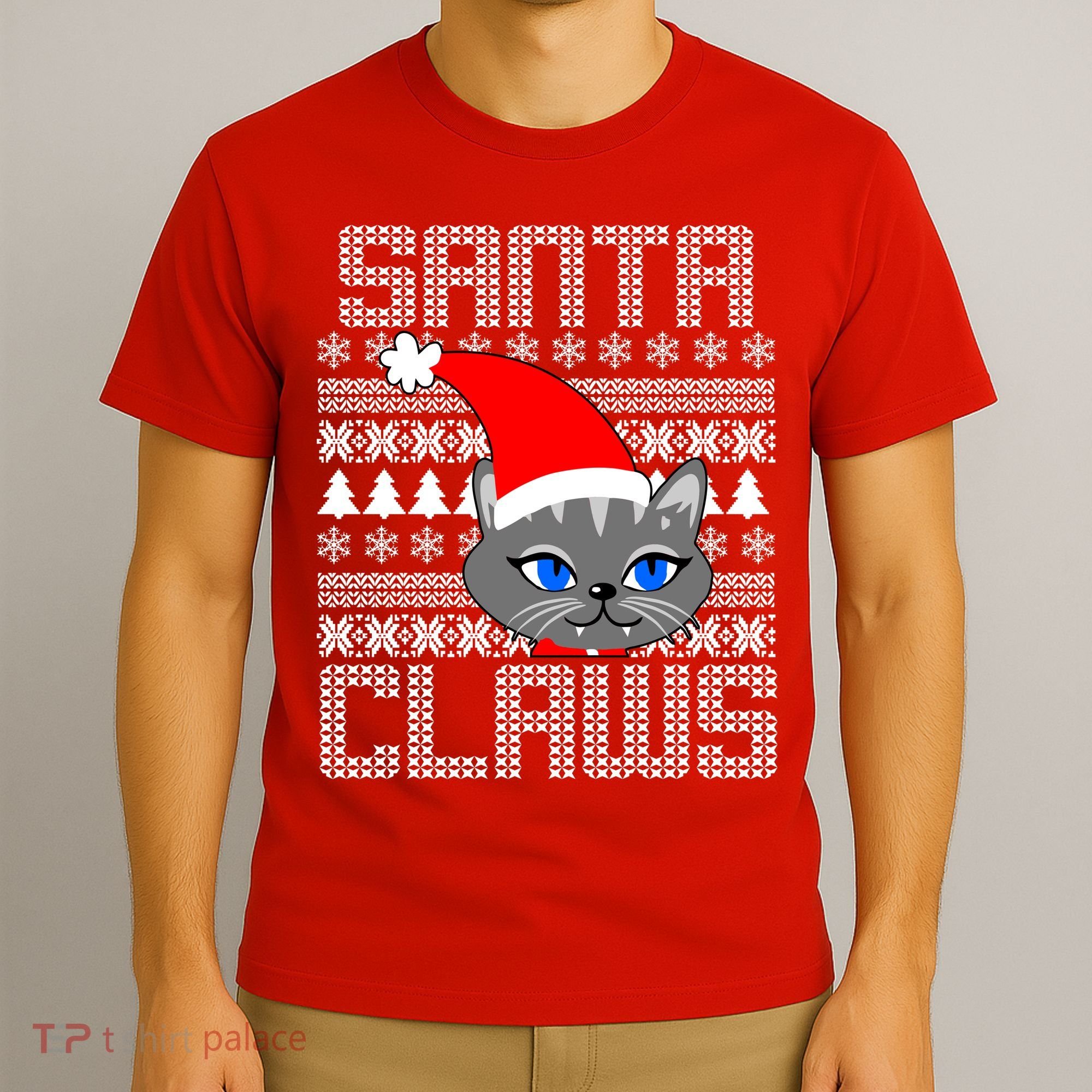 Santa Claws Cat Ugly Christmas Sweater Design T-Shirt