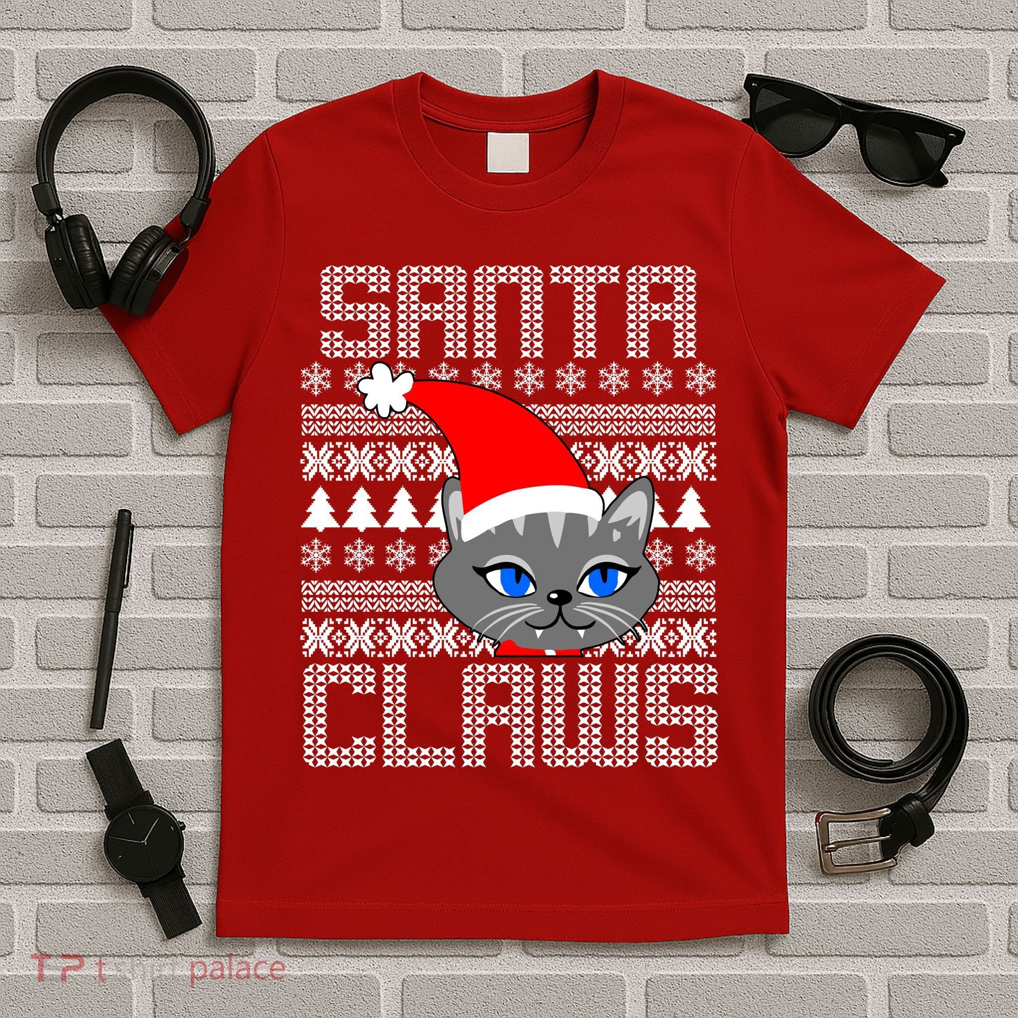 Santa Claws Cat Ugly Christmas Sweater Design T-Shirt