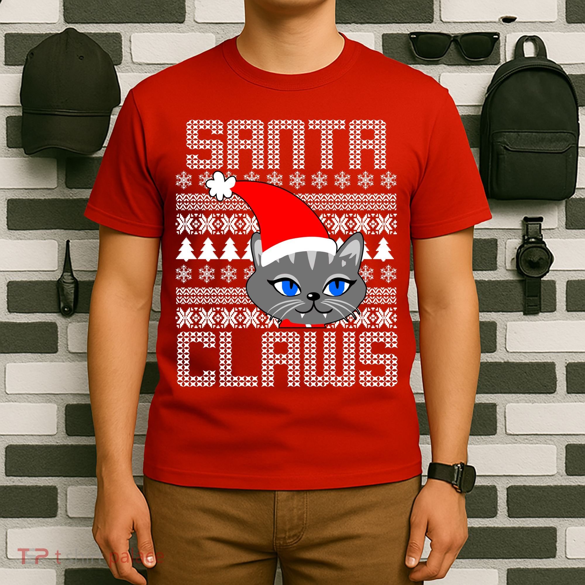 Santa Claws Cat Ugly Christmas Sweater Design T-Shirt