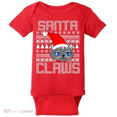 Santa Claws Cat Ugly Christmas Sweater Design Baby Bodysuit