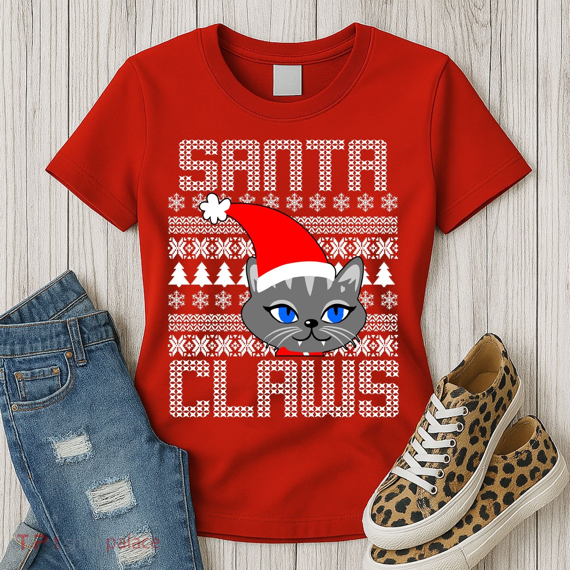 Santa Claws Cat Ugly Christmas Sweater Design Women's T-Shirt