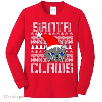 Santa Claws Cat Ugly Christmas Sweater Design Kids Long Sleeve Shirt