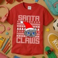 Santa Claws Cat Ugly Christmas Sweater Design Kids T-Shirt thumb 3