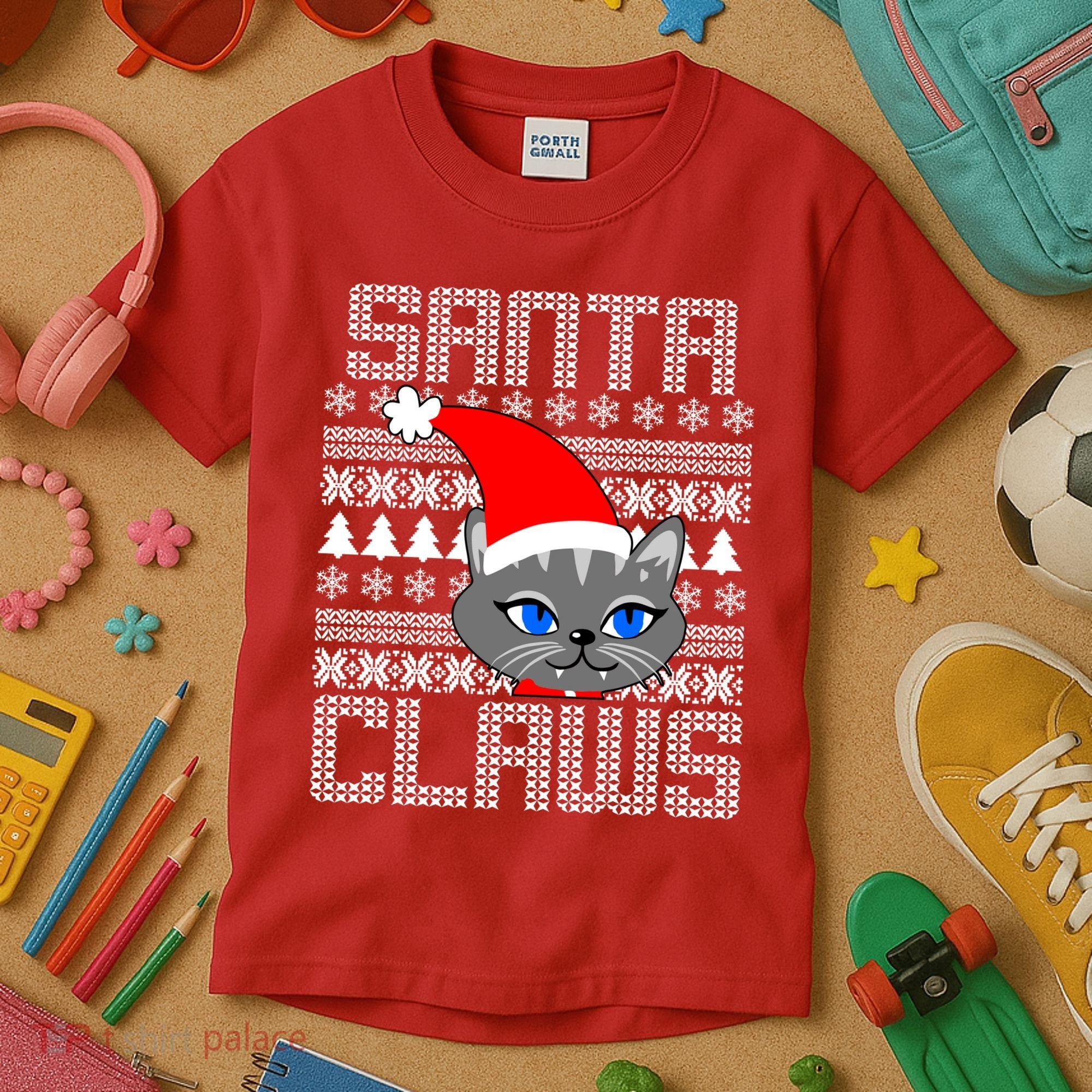 Santa Claws Cat Ugly Christmas Sweater Design Kids T-Shirt