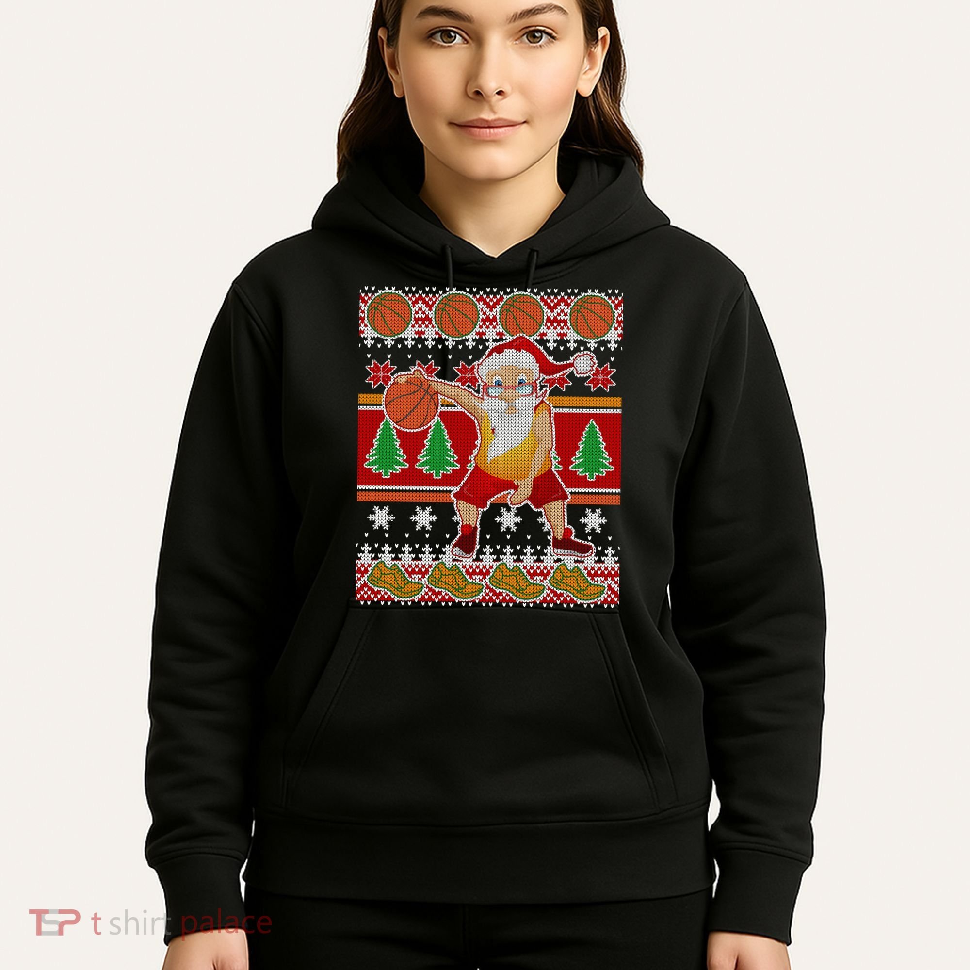 Santa Dribbling A Basketball Ugly Christmas Hoodie