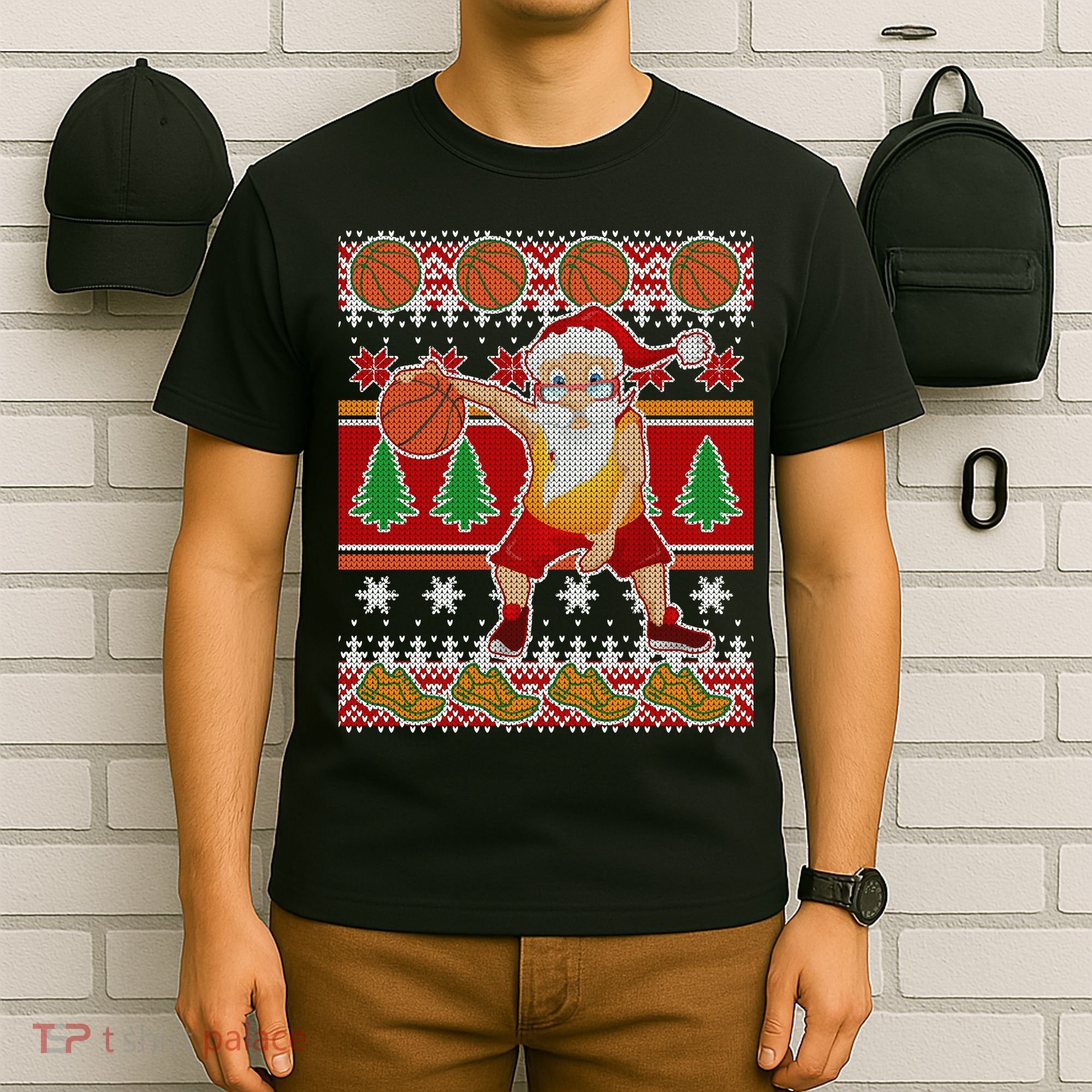 Santa Dribbling A Basketball Ugly Christmas T-Shirt