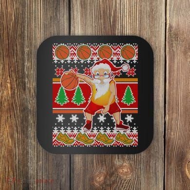 Santa Dribbling A Basketball Ugly Christmas Coaster