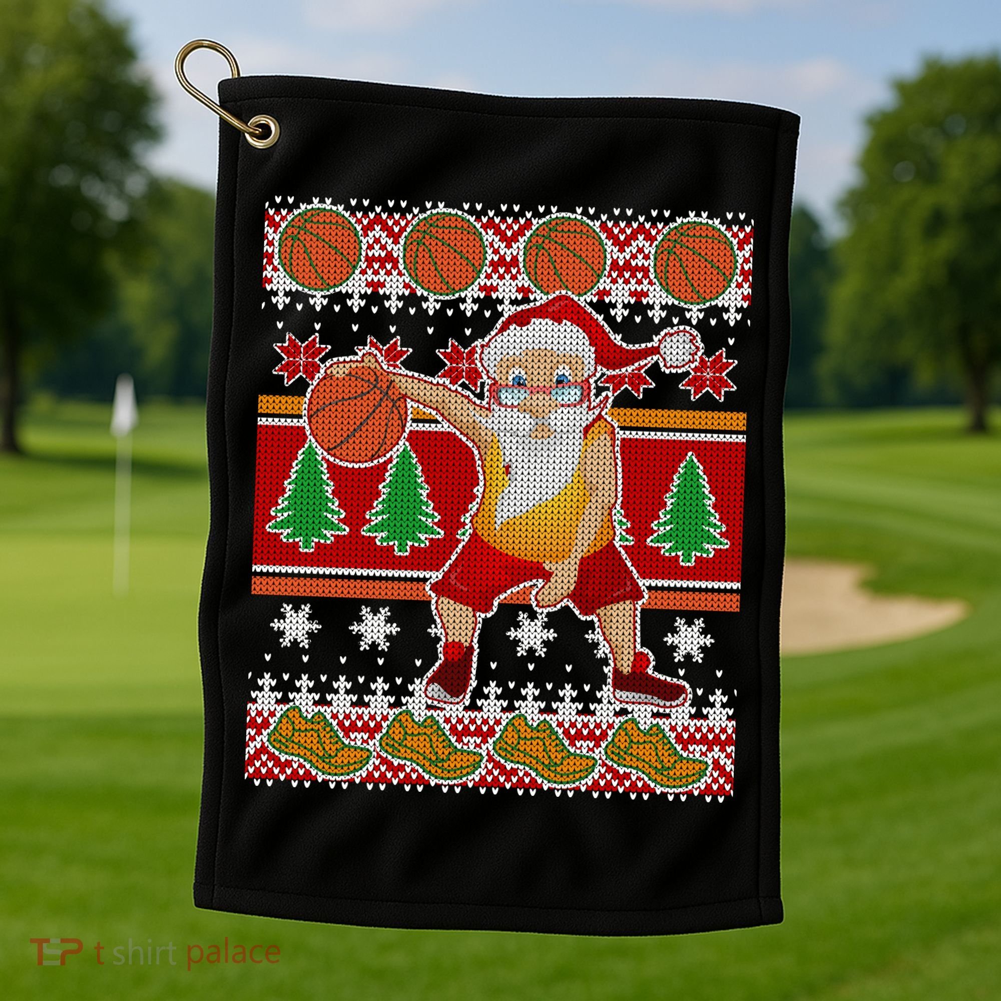 Santa Dribbling A Basketball Ugly Christmas Golf Towel