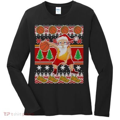 Santa Dribbling A Basketball Ugly Christmas Women's Long Sleeve Shirt