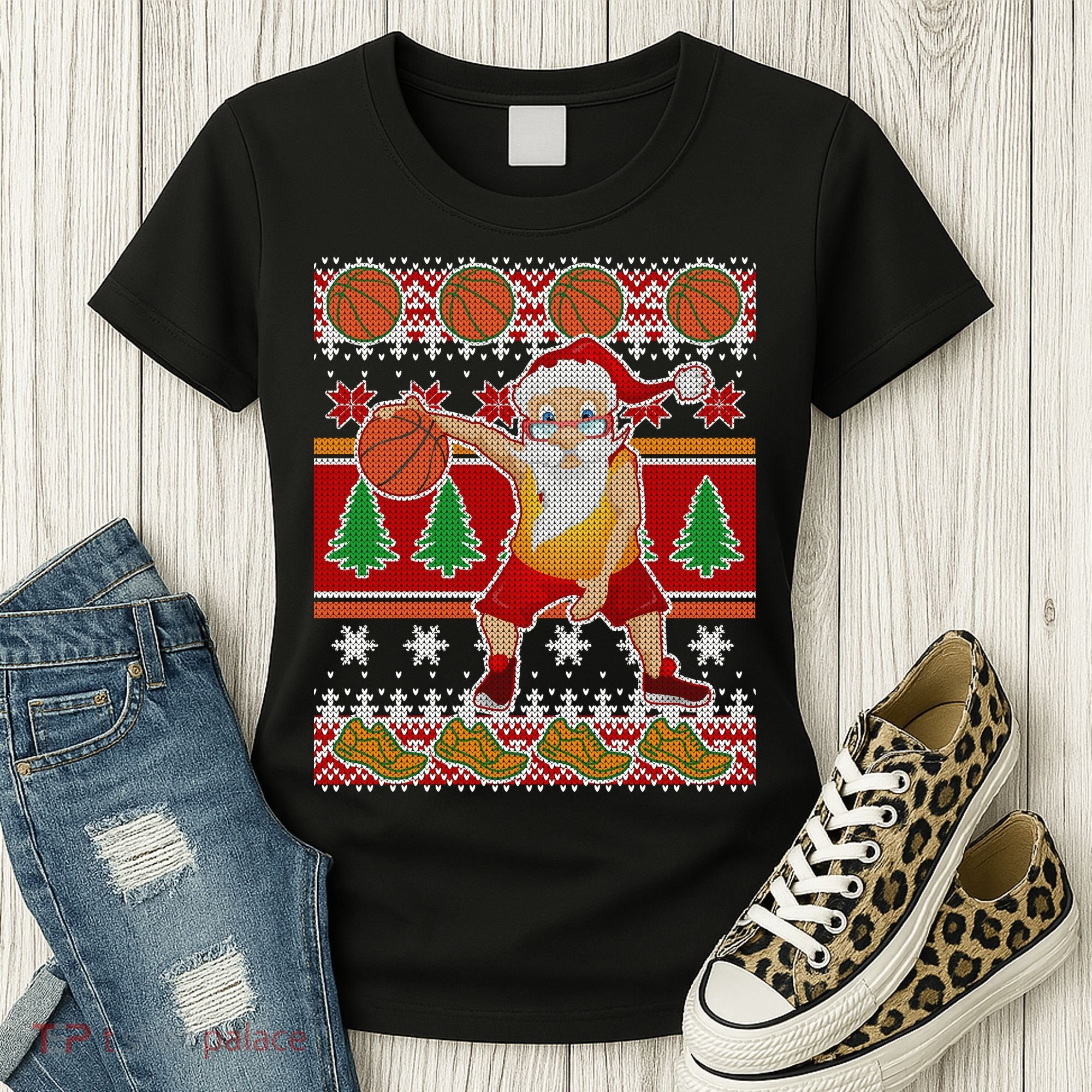 Santa Dribbling A Basketball Ugly Christmas Women's T-Shirt