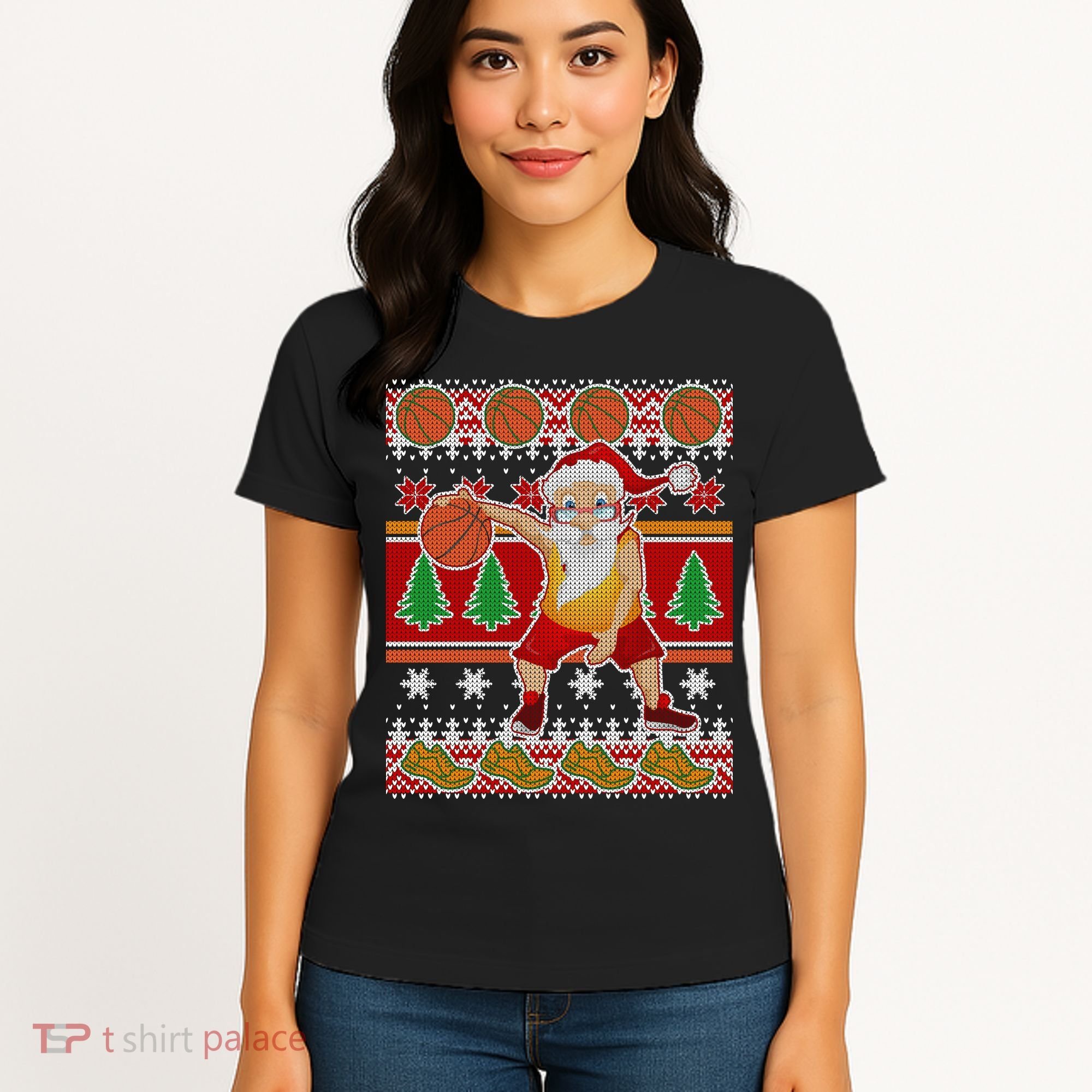 Santa Dribbling A Basketball Ugly Christmas Women's T-Shirt