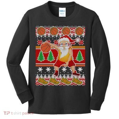 Santa Dribbling A Basketball Ugly Christmas Kids Long Sleeve Shirt