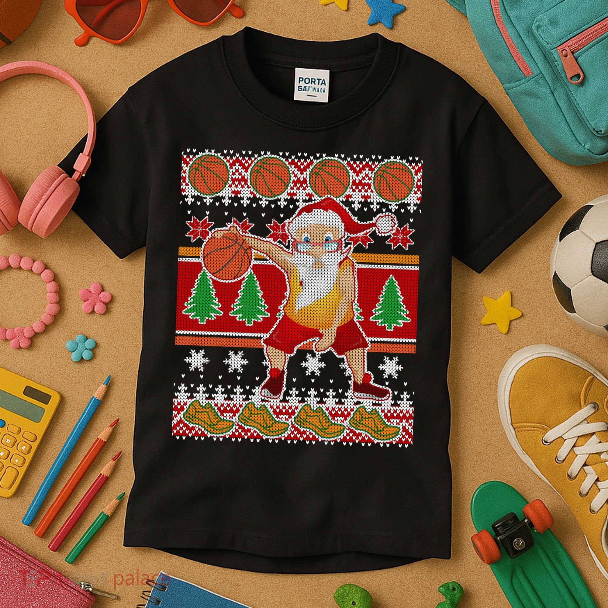 Santa Dribbling A Basketball Ugly Christmas Kids T-Shirt