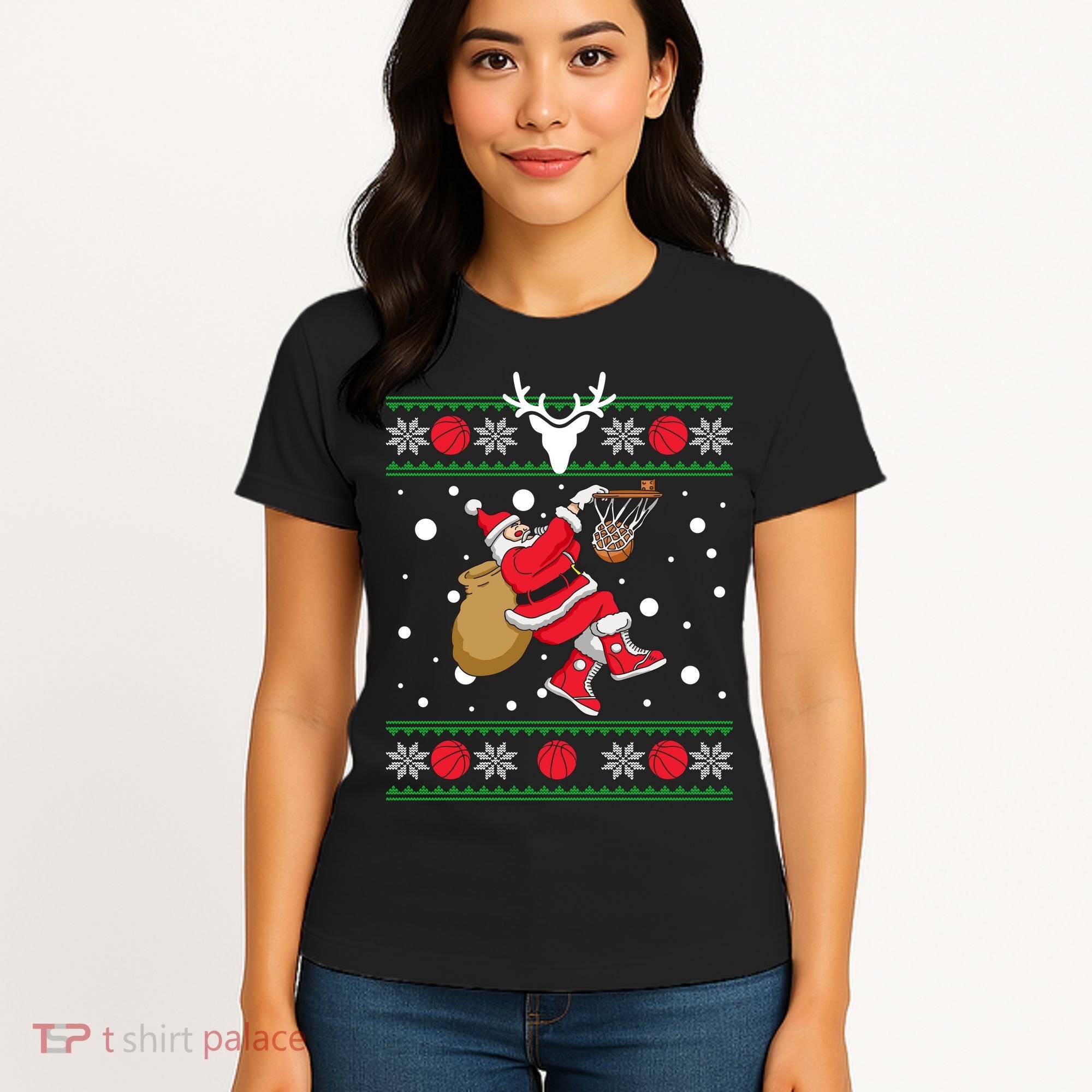 Santa Dunking Basketball Ugly Christmas Women's T-Shirt