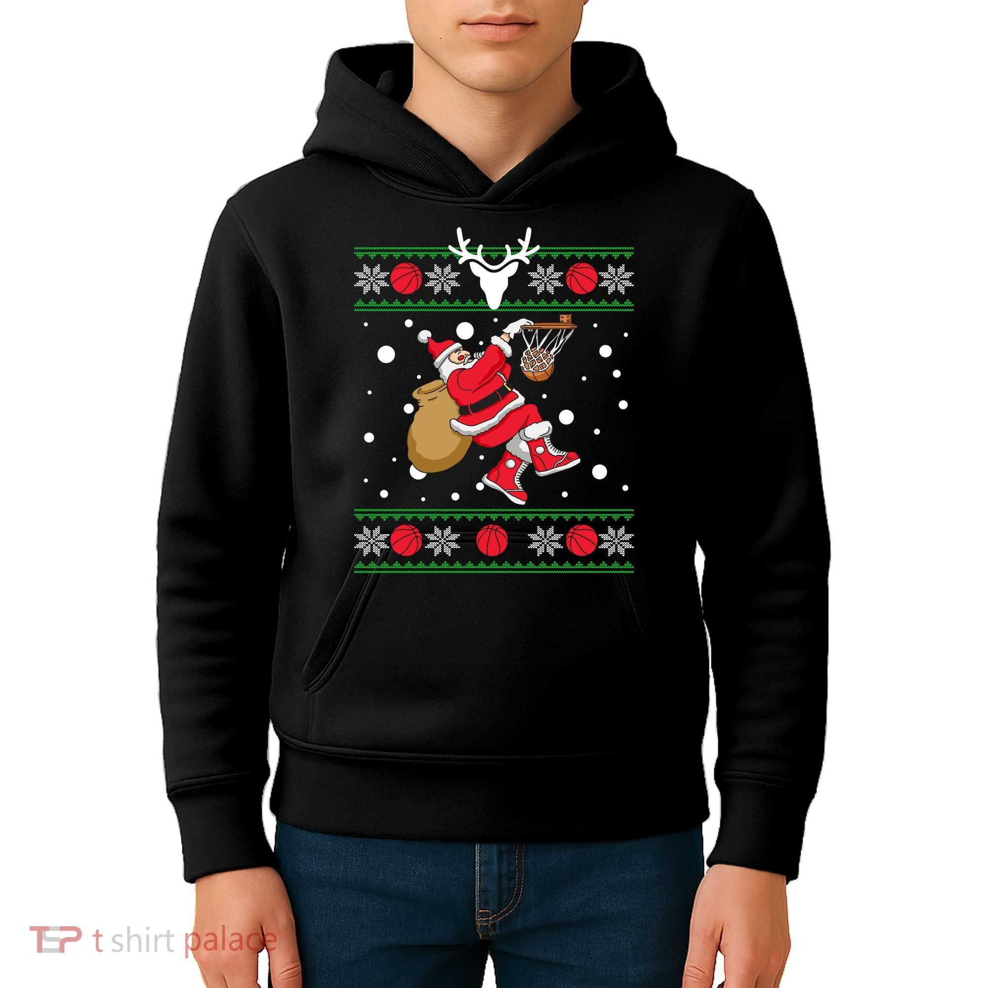 Santa Dunking Basketball Ugly Christmas Kids Hoodie