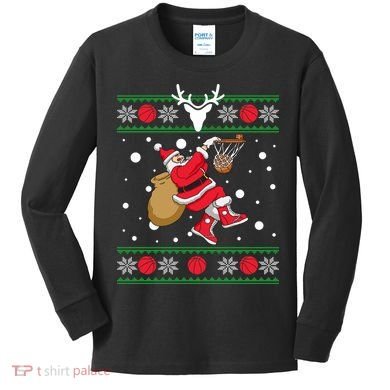 Santa Dunking Basketball Ugly Christmas Kids Long Sleeve Shirt