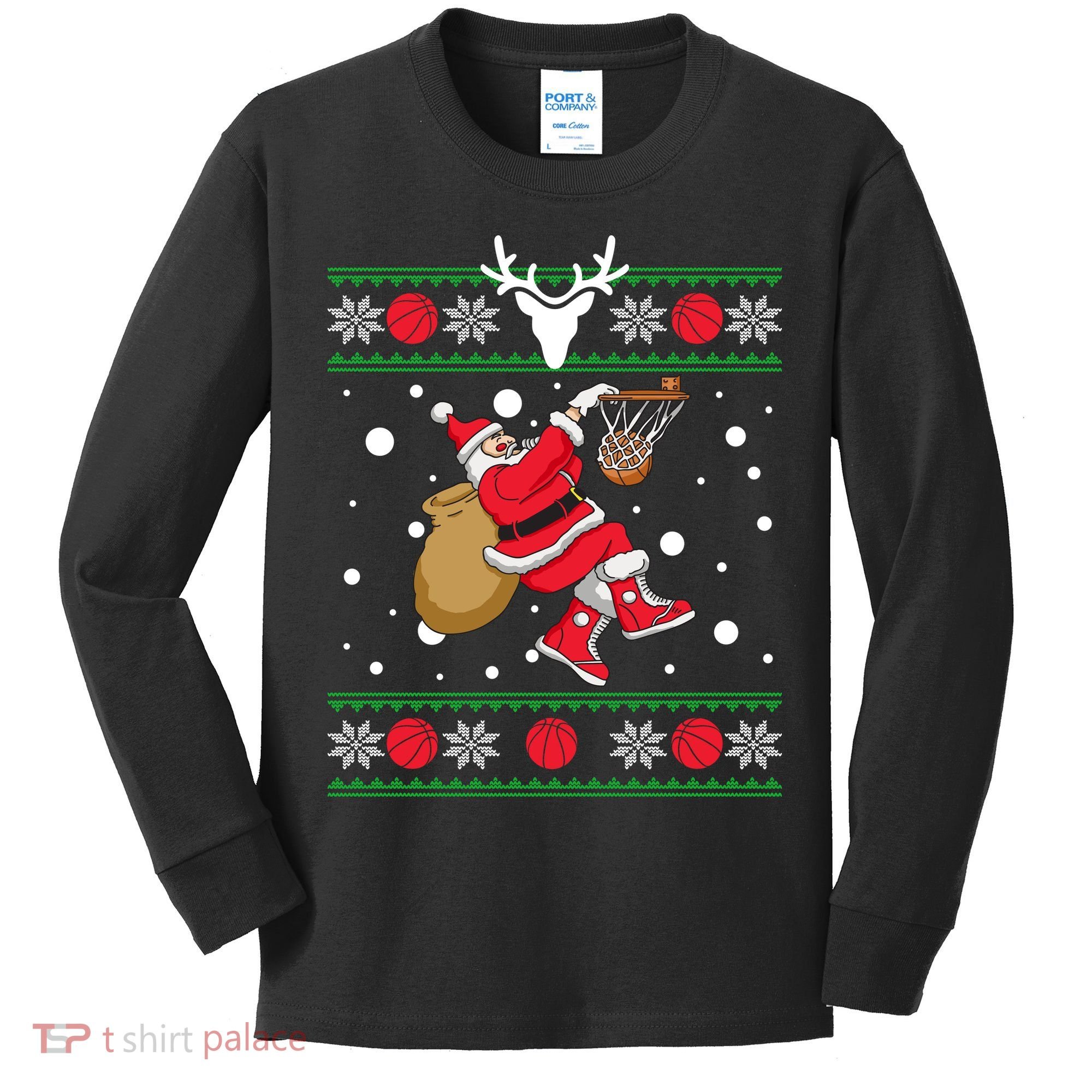 Santa Dunking Basketball Ugly Christmas Kids Long Sleeve Shirt
