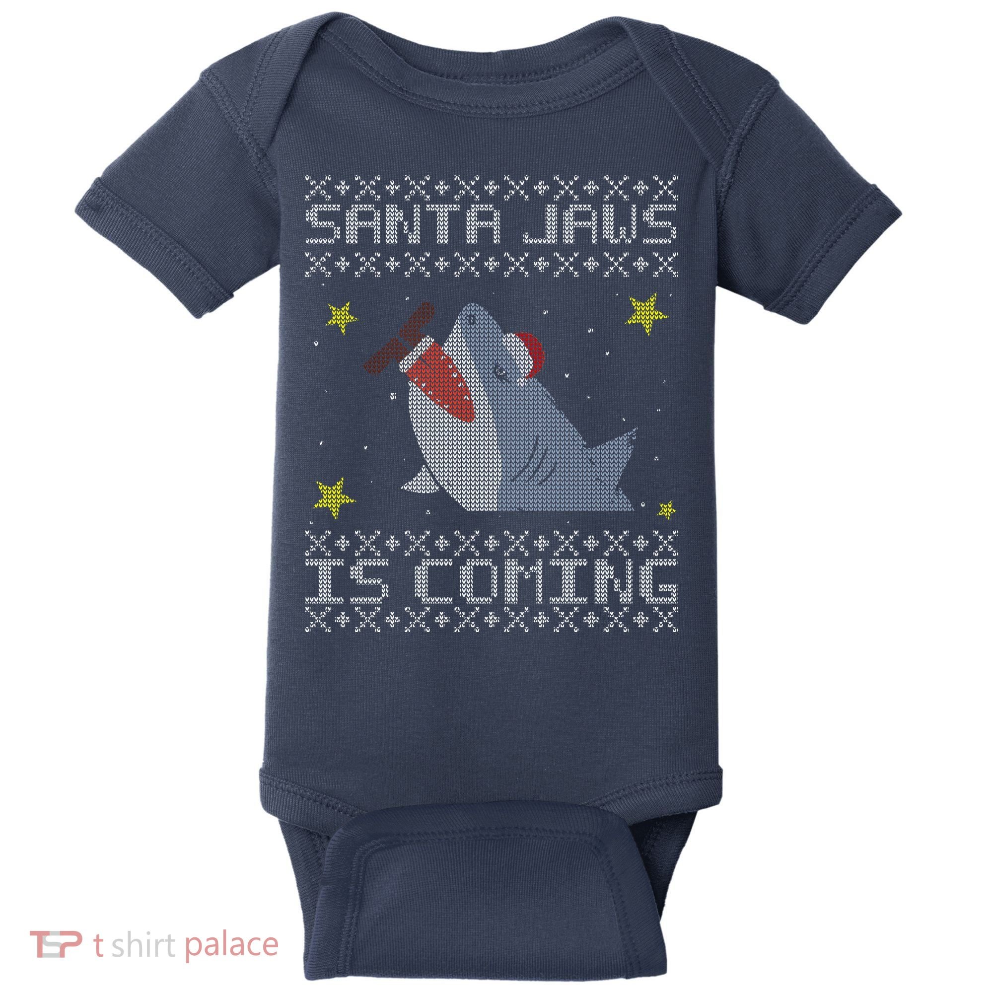 Santa Jaws Is Coming Ugly Christmas Baby Bodysuit