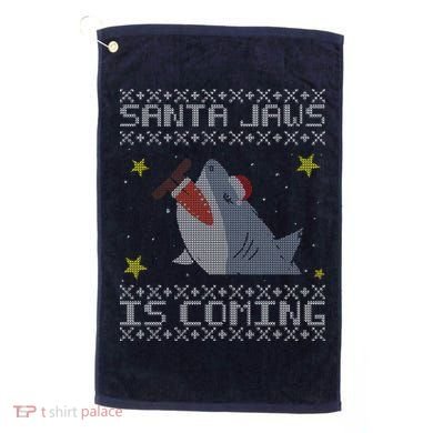 Santa Jaws Is Coming Ugly Christmas Golf Towel