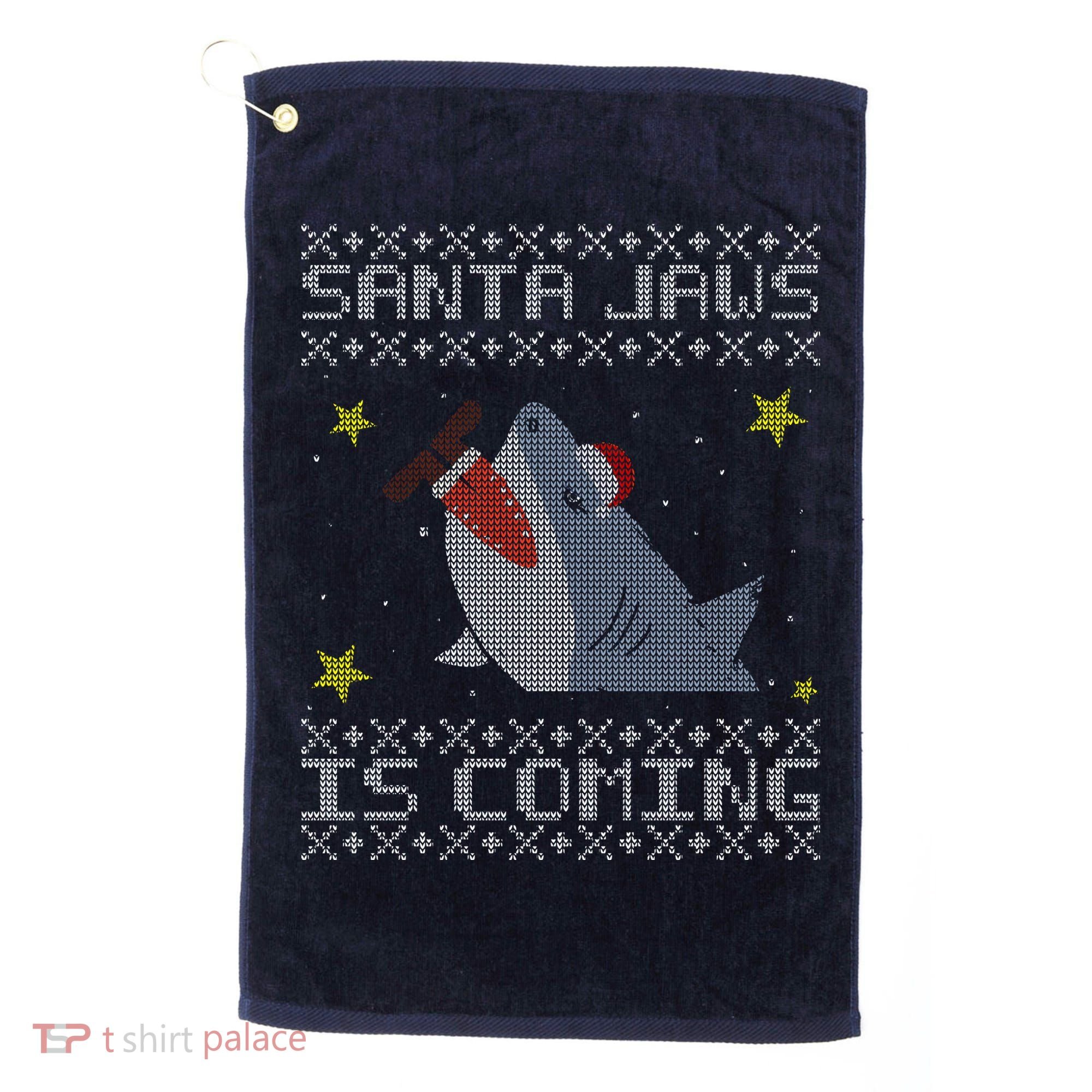 Santa Jaws Is Coming Ugly Christmas Golf Towel