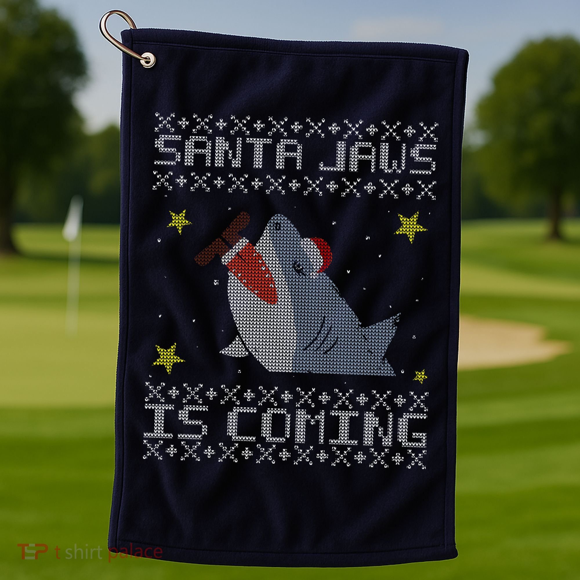 Santa Jaws Is Coming Ugly Christmas Golf Towel