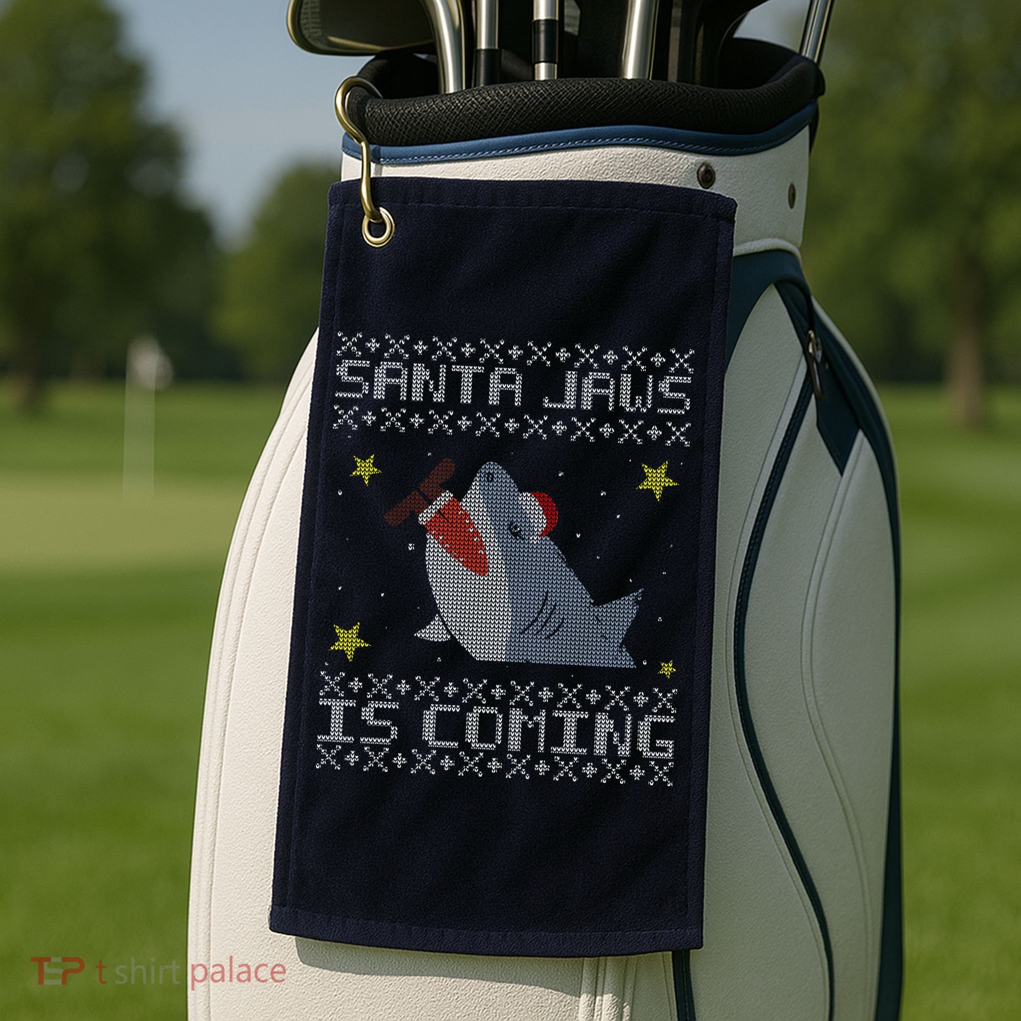 Santa Jaws Is Coming Ugly Christmas Golf Towel